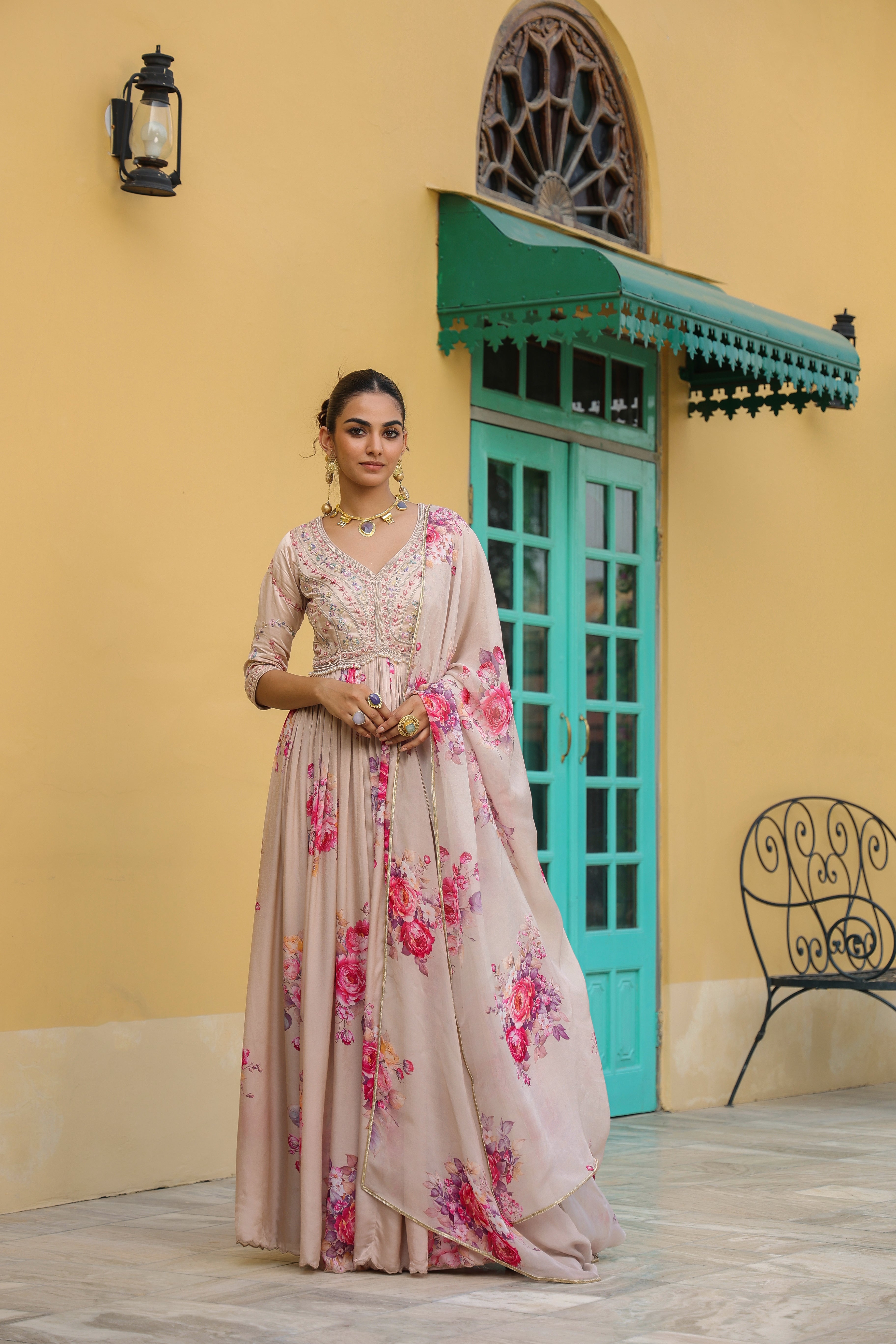 Peach Floral Printed Satin Silk Gown