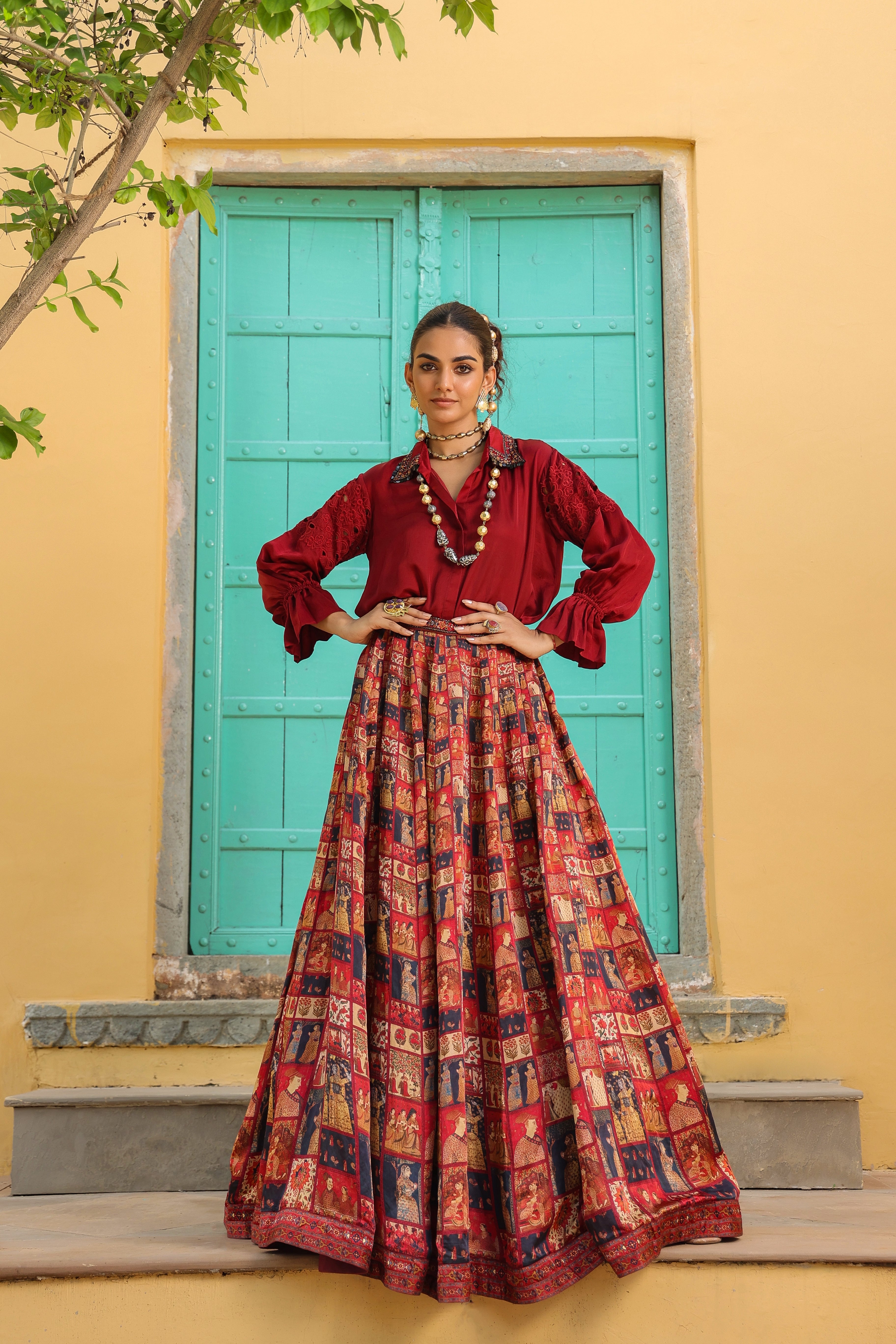 Maroon Ethnic Printed Raw Silk Lehenga Set