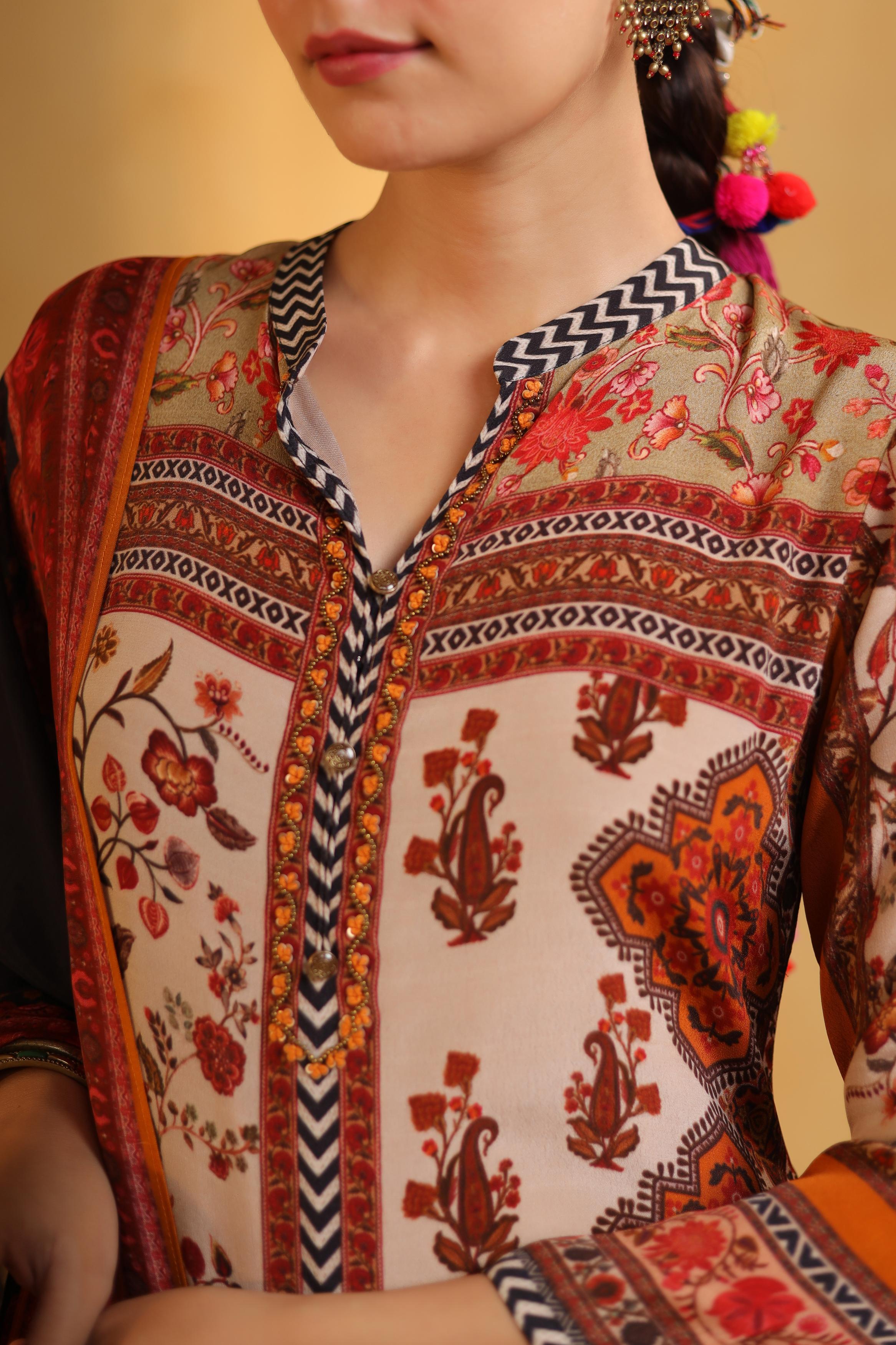 Multicolor Printed Dola Silk Pant Set