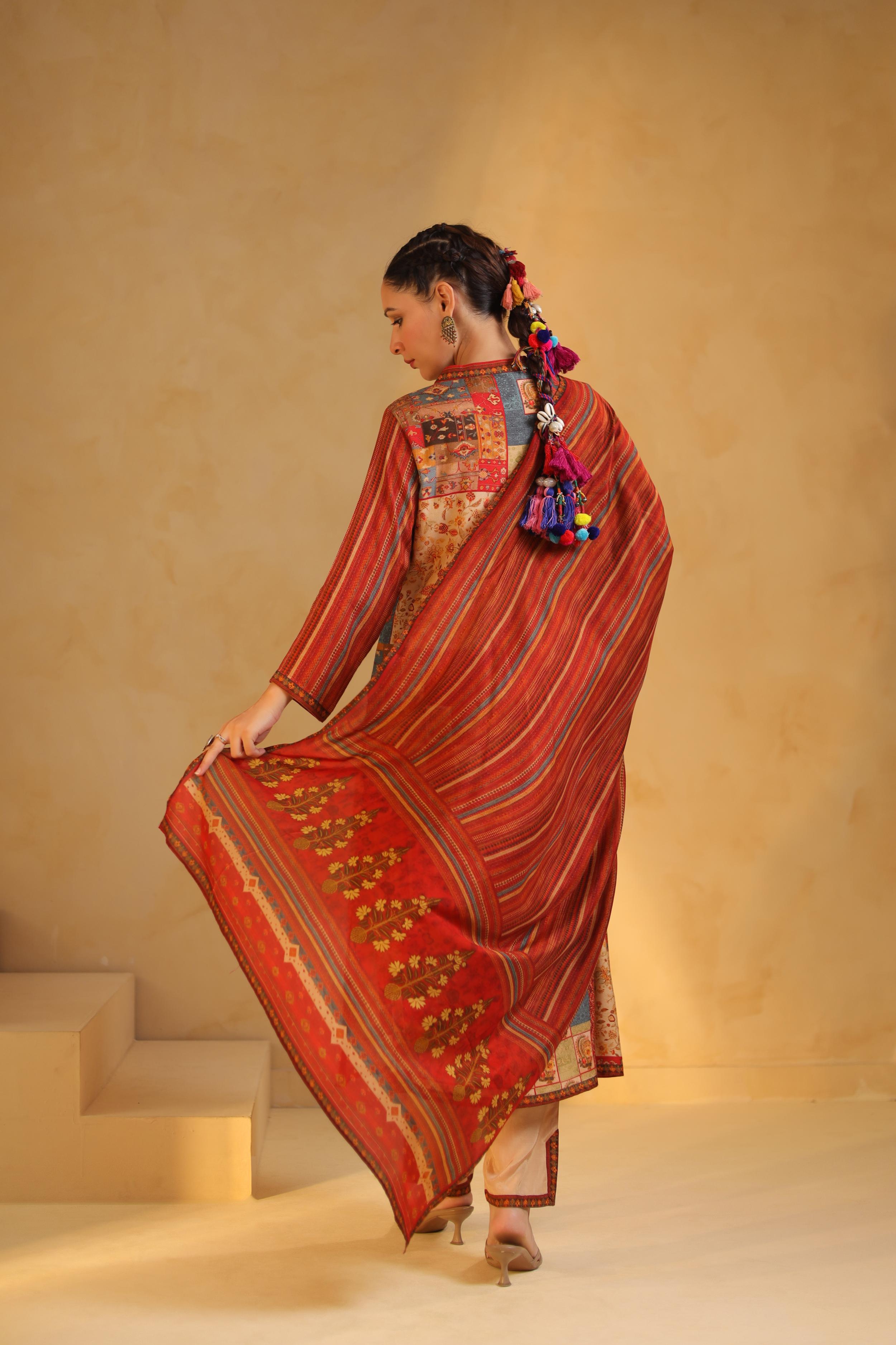 Rust Red Printed Dola Silk Pant Set