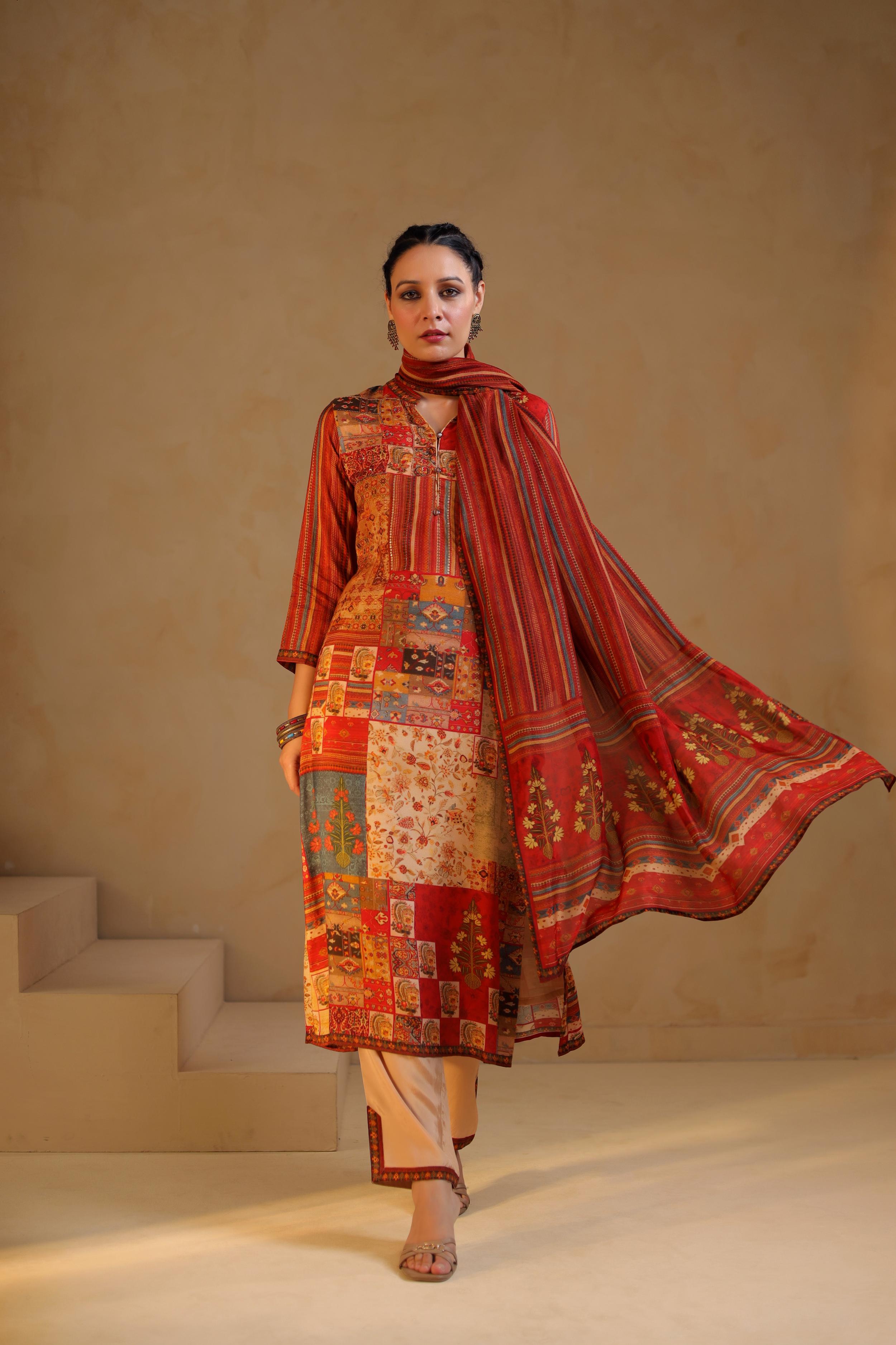 Rust Red Printed Dola Silk Pant Set