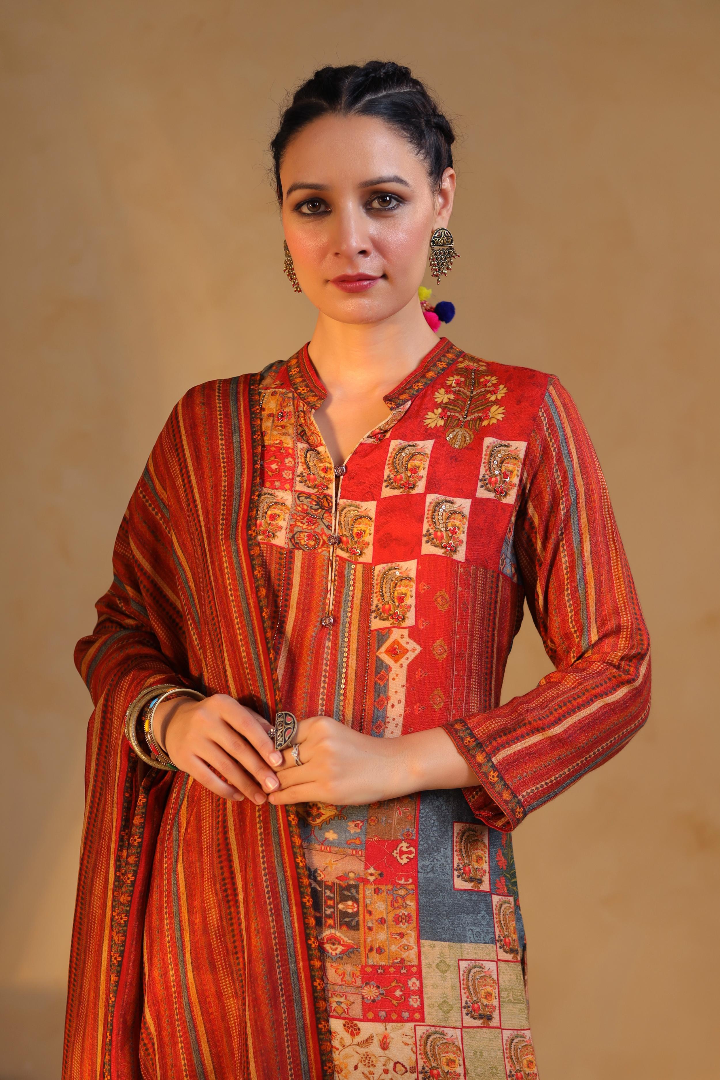Rust Red Printed Dola Silk Pant Set
