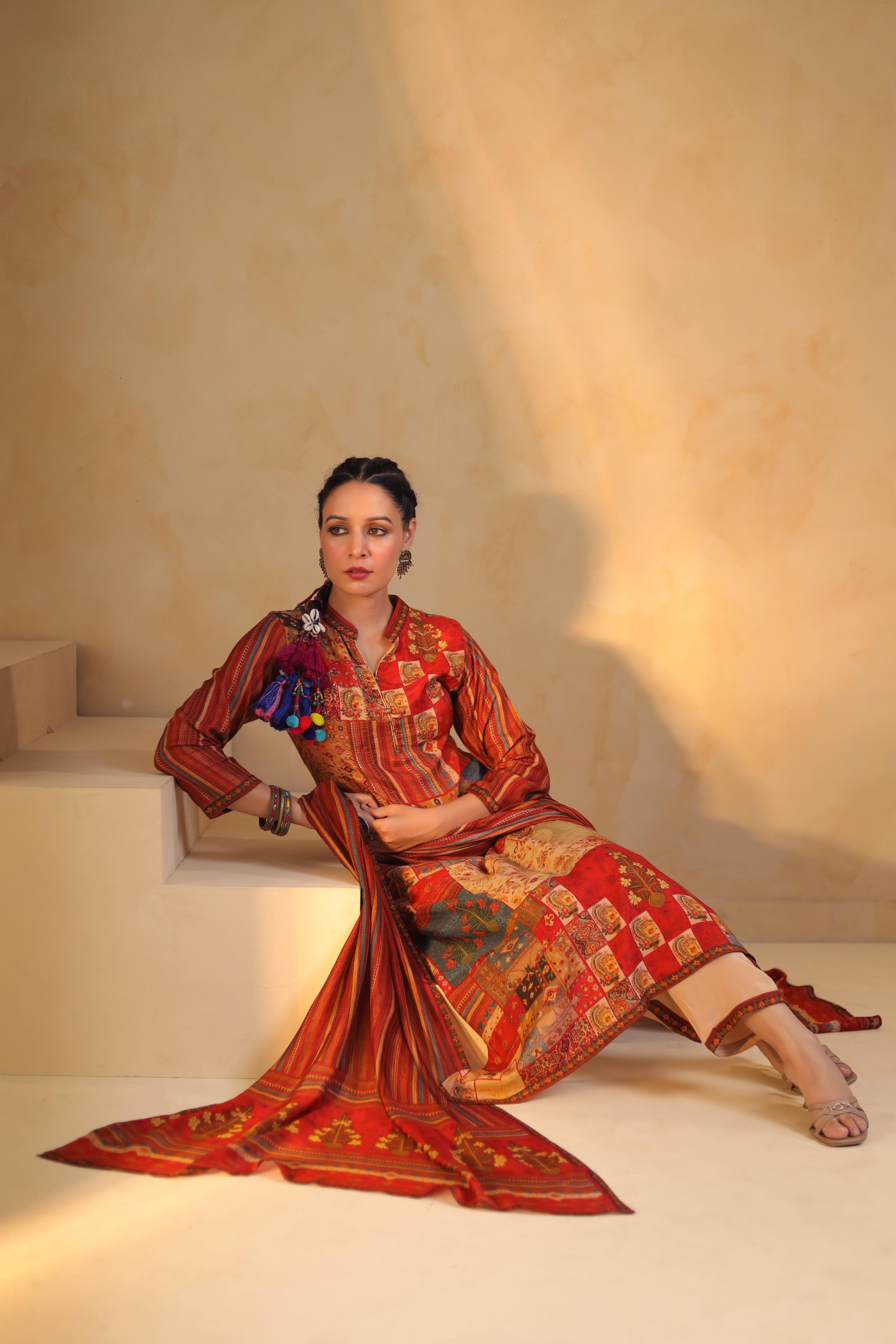 Rust Red Printed Dola Silk Pant Set