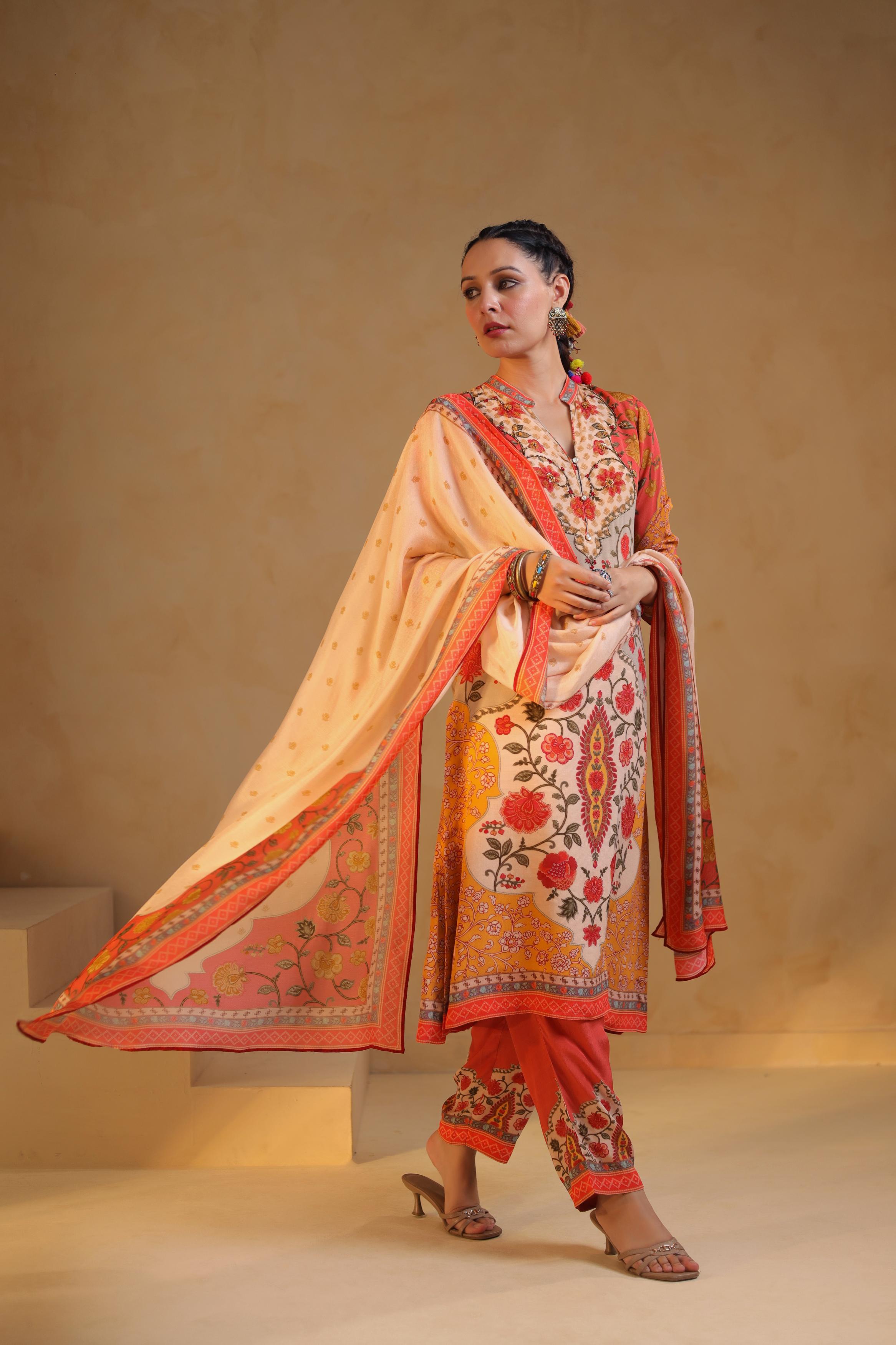 Ivory Printed Viscose Crepe Silk Pant Set