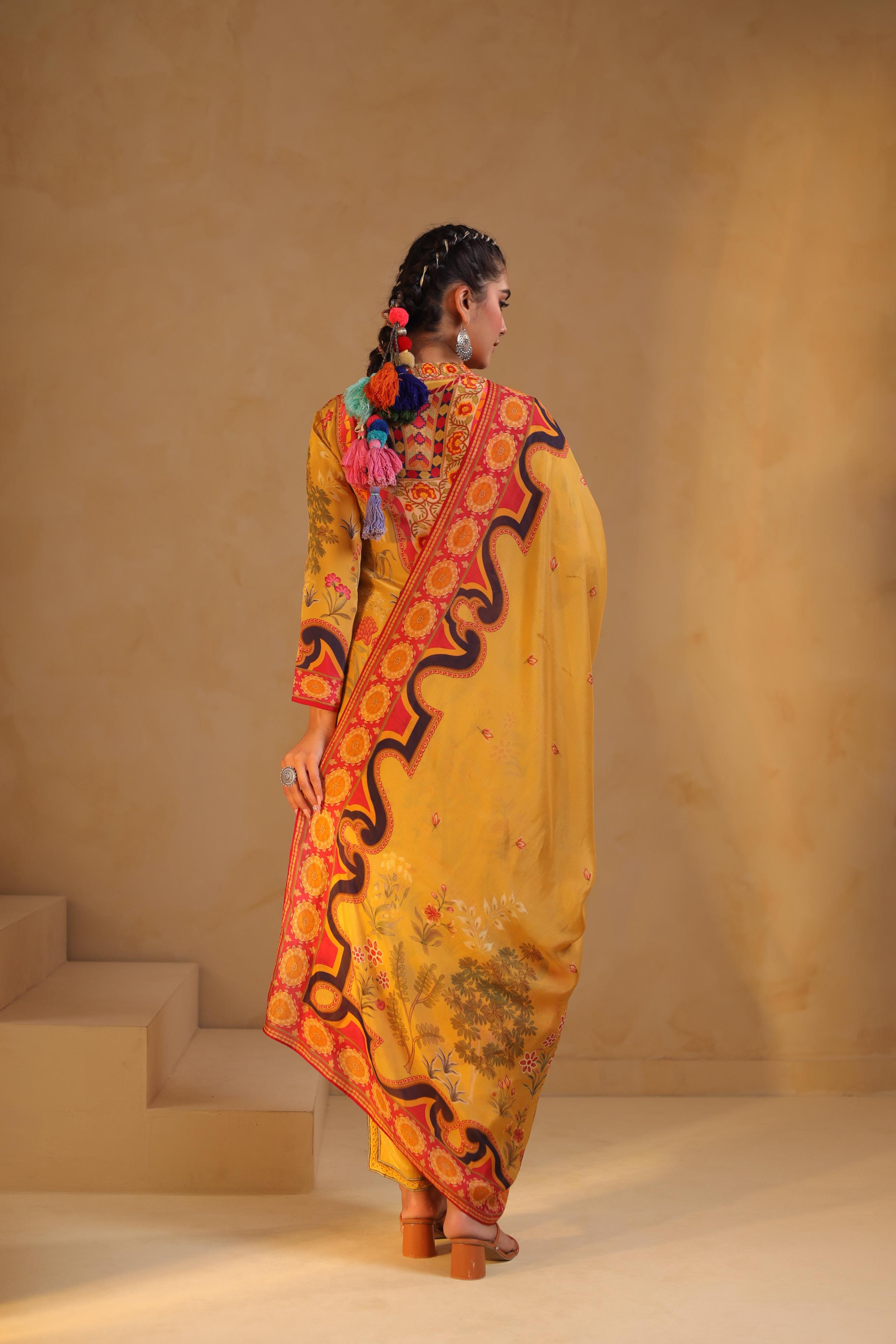 Mustard Yellow Printed Viscose Crepe Pant Set