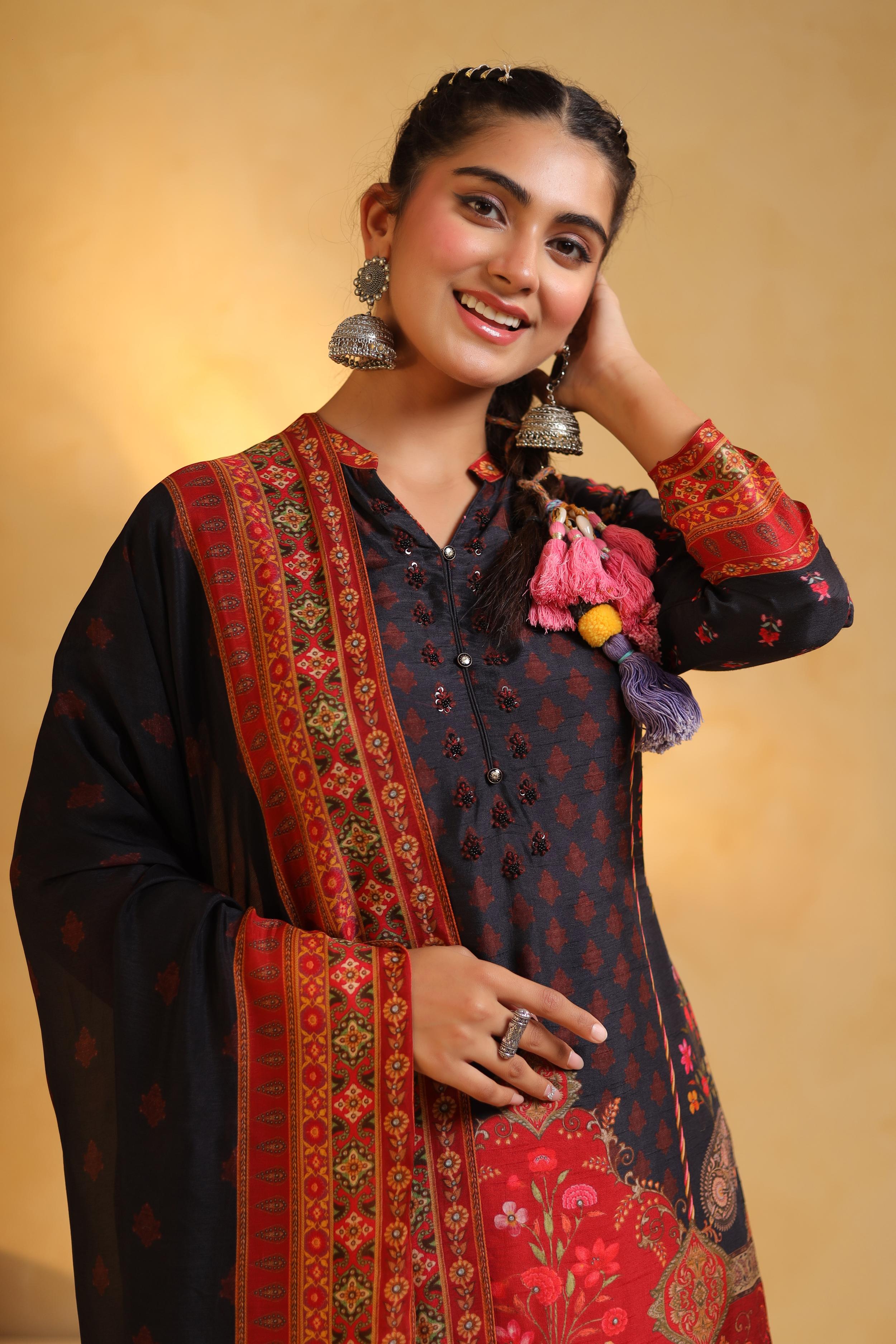 Black Printed Dola Silk Pant Set