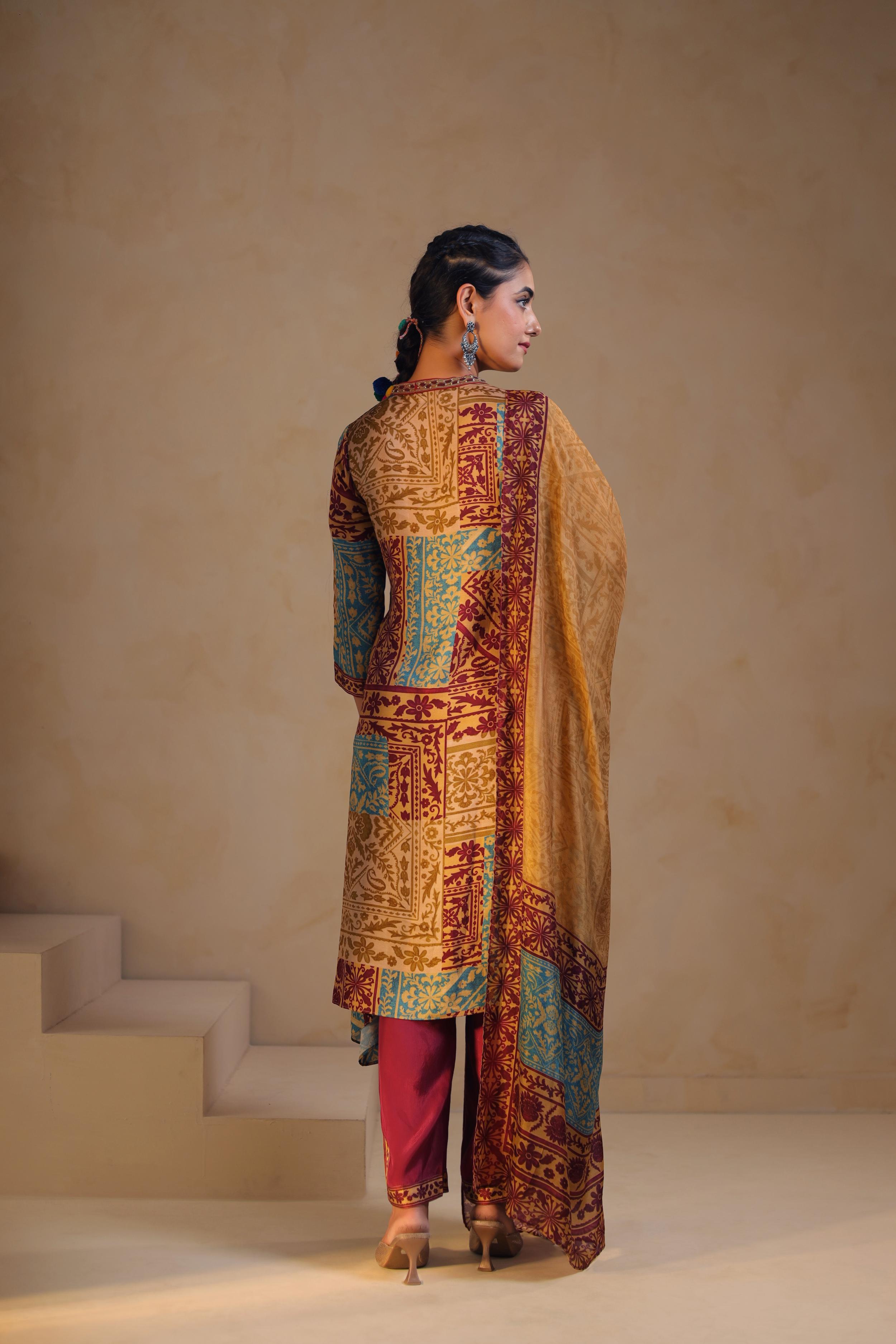 Multicolor Printed Linen Satin Pant Set