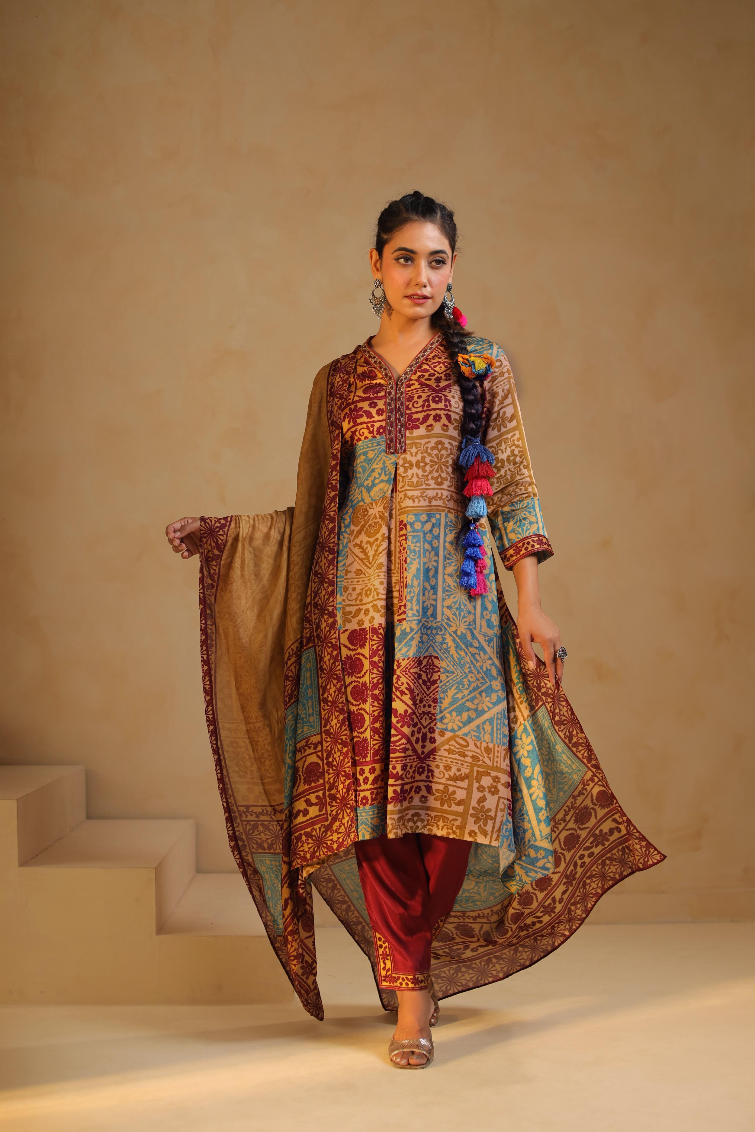 Multicolor Printed Linen Satin Pant Set