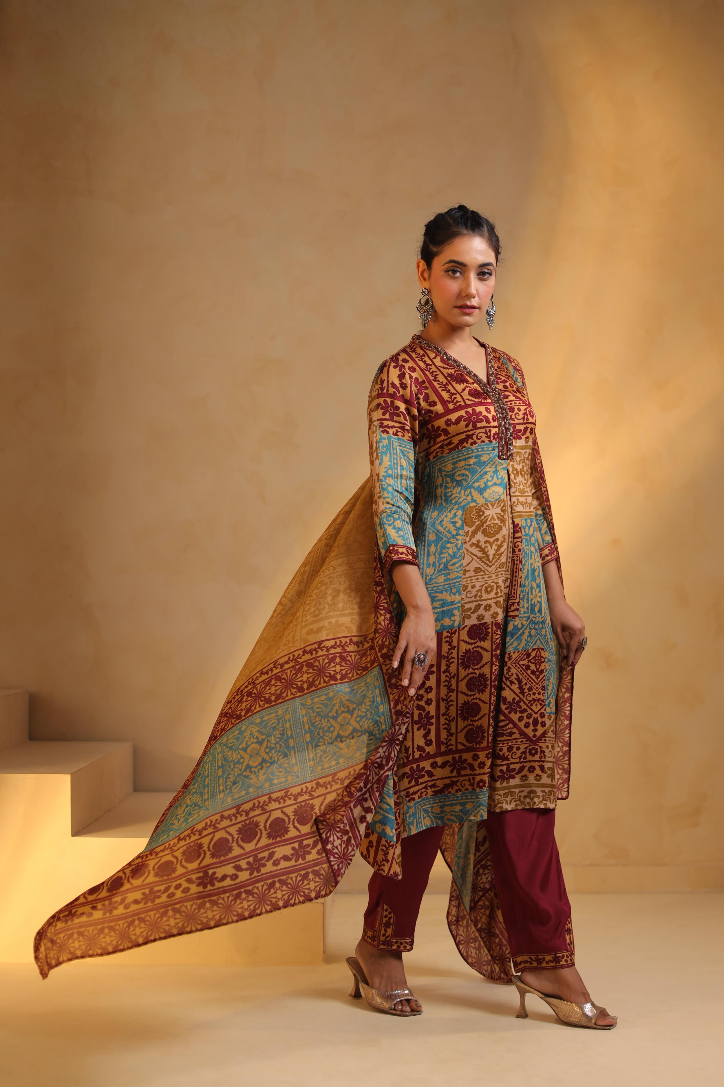 Multicolor Printed Linen Satin Pant Set