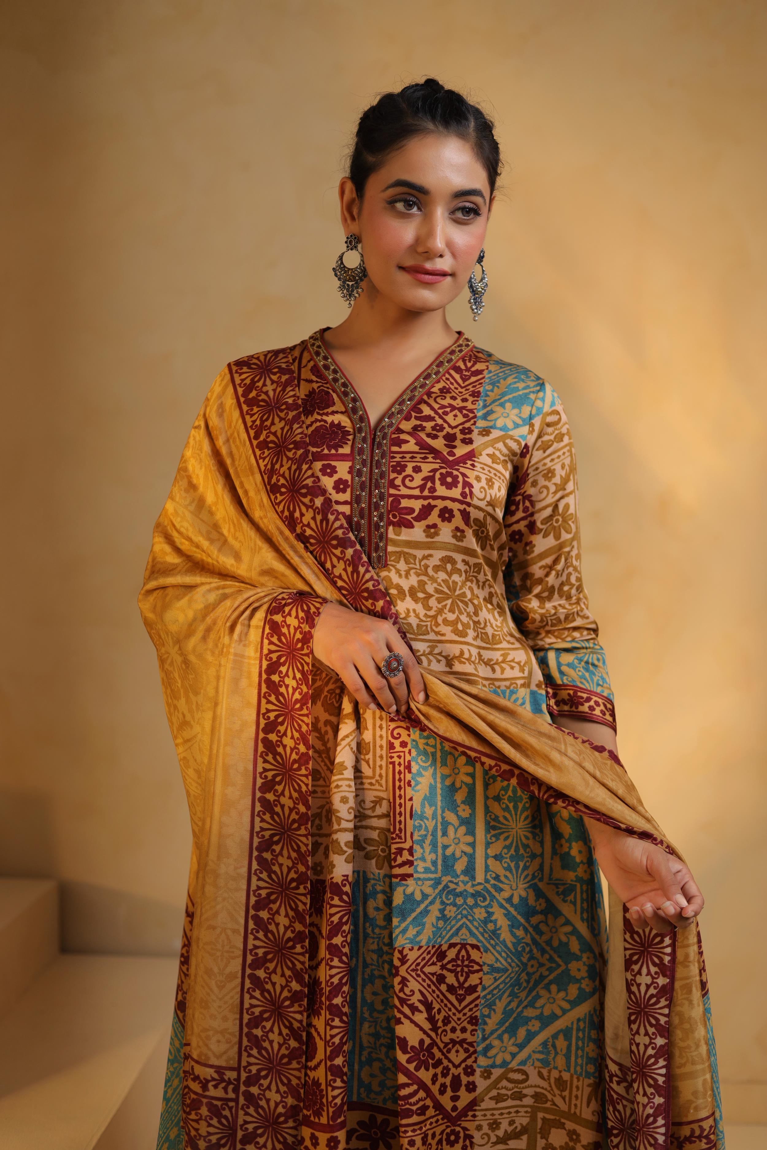 Multicolor Printed Linen Satin Pant Set