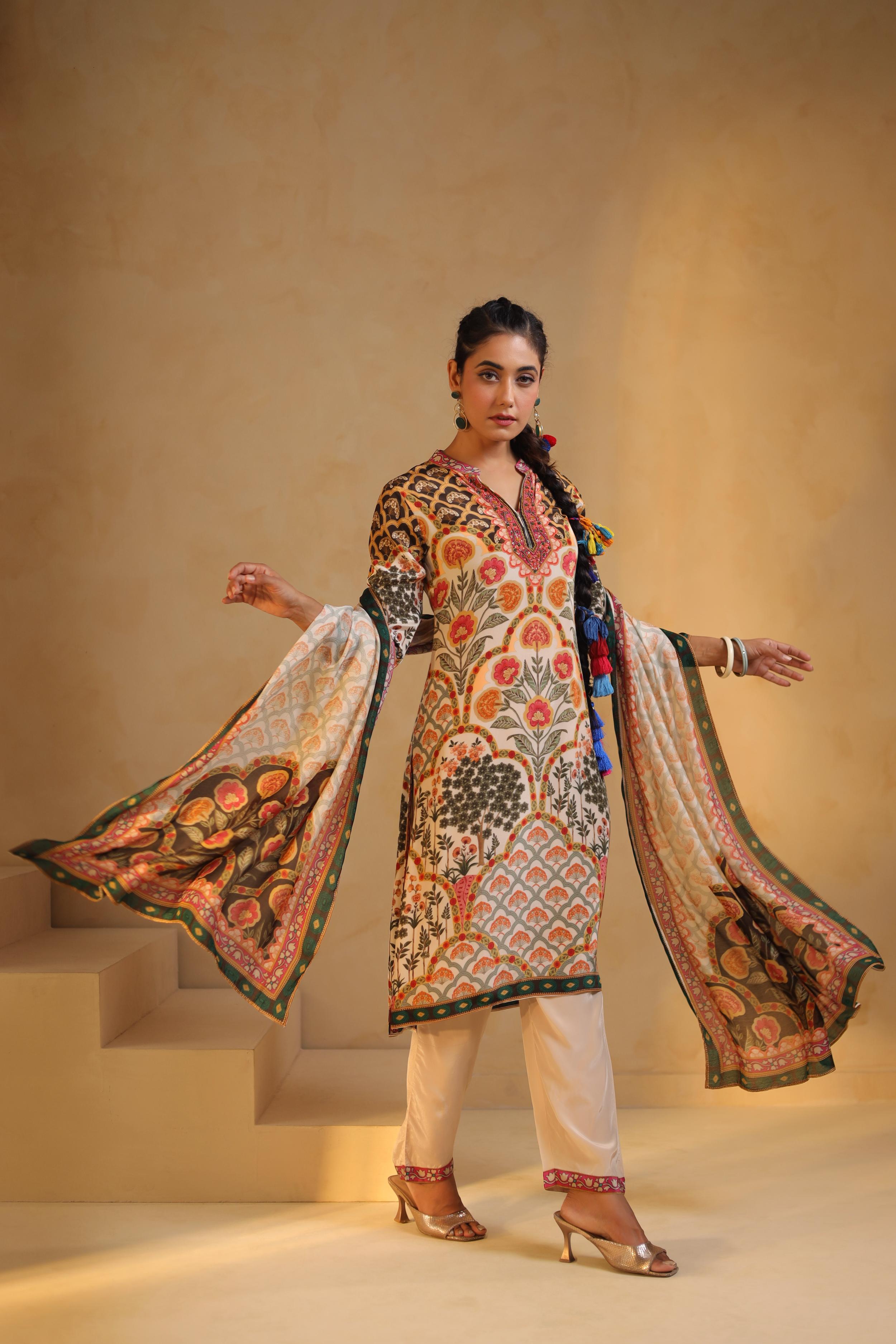 Ivory Printed Viscose Crepe Silk Pant Set