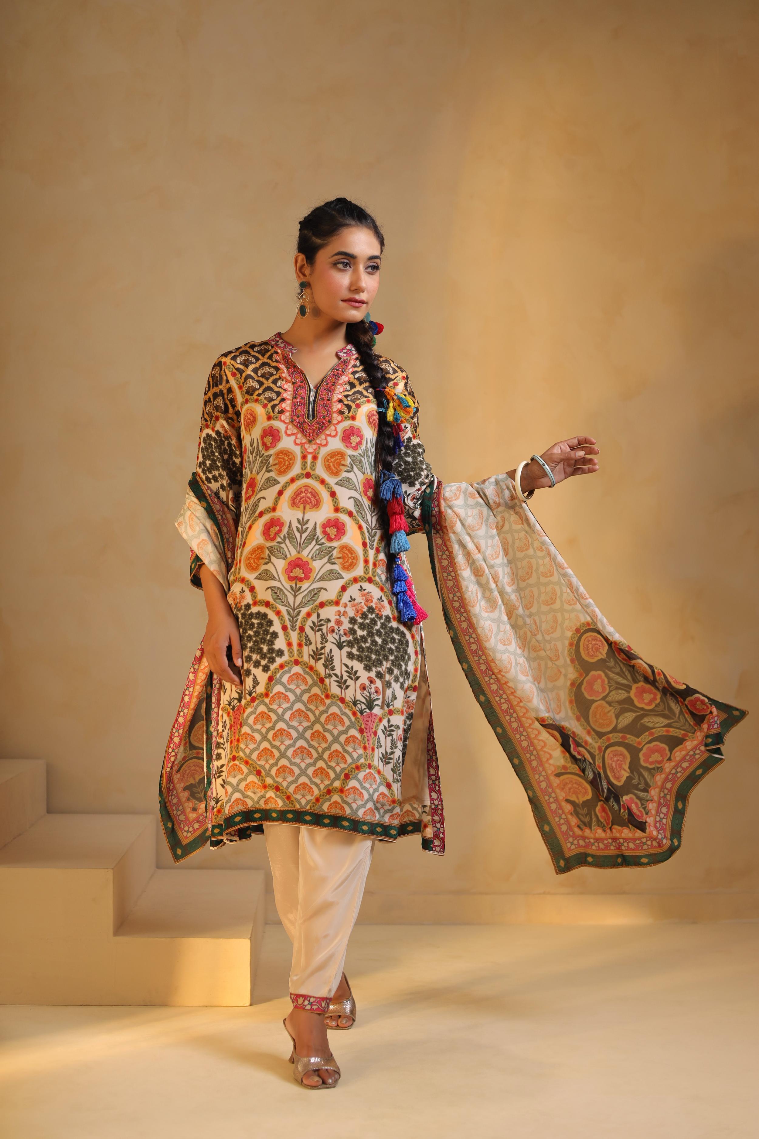 Ivory Printed Viscose Crepe Silk Pant Set