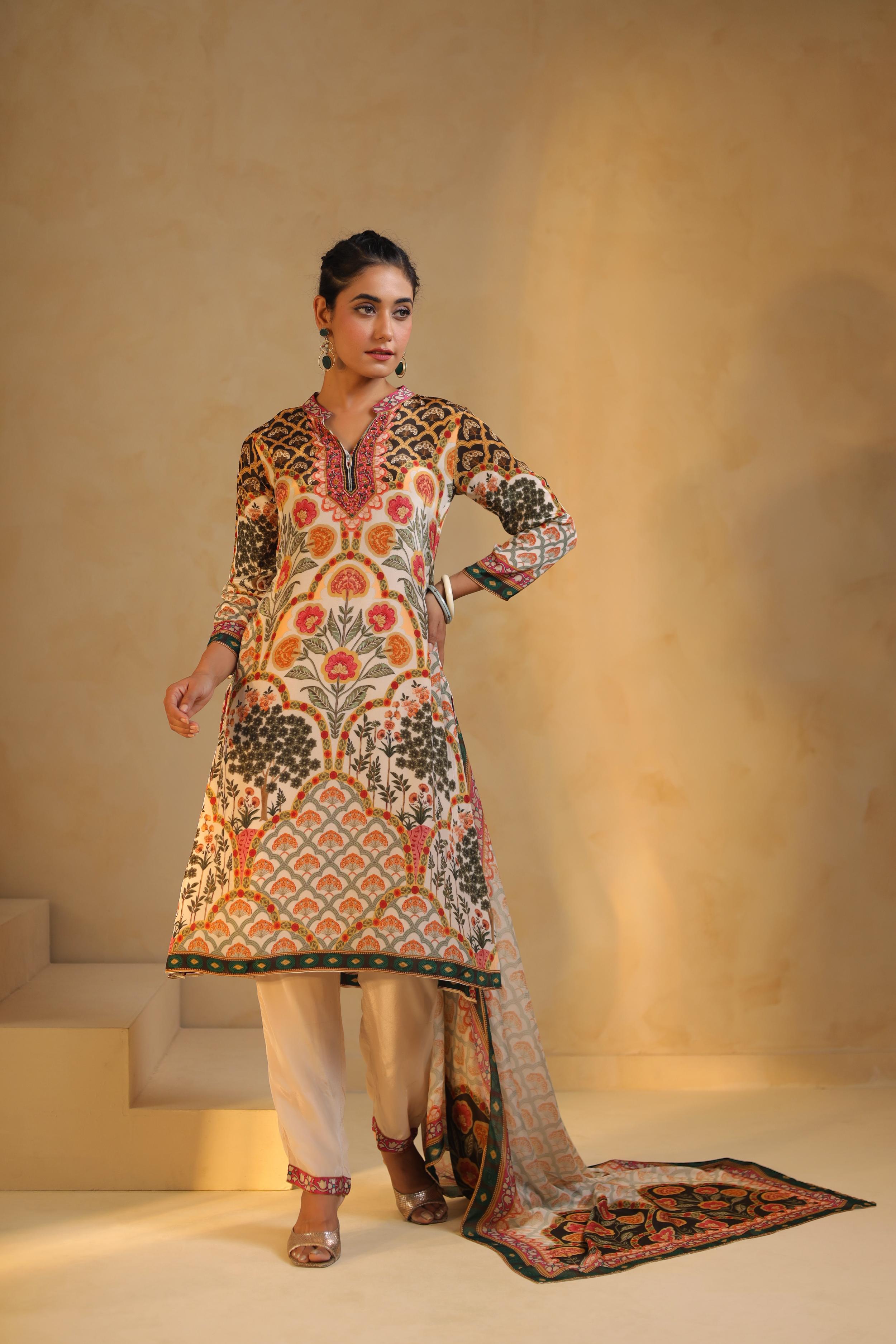 Ivory Printed Viscose Crepe Silk Pant Set