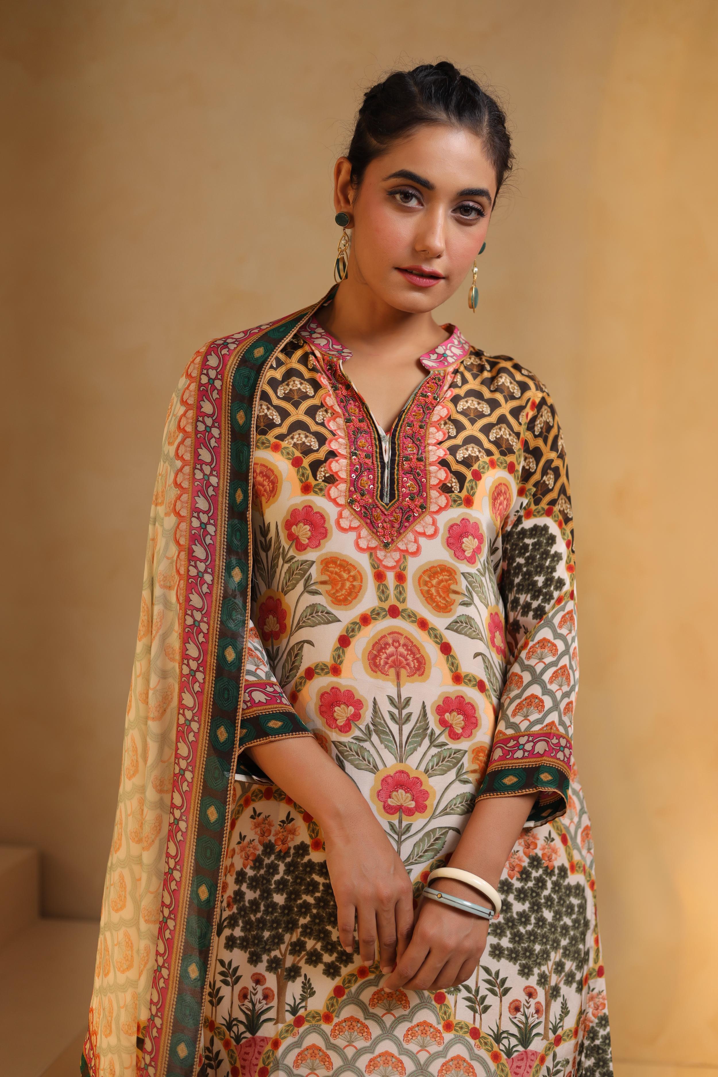 Ivory Printed Viscose Crepe Silk Pant Set