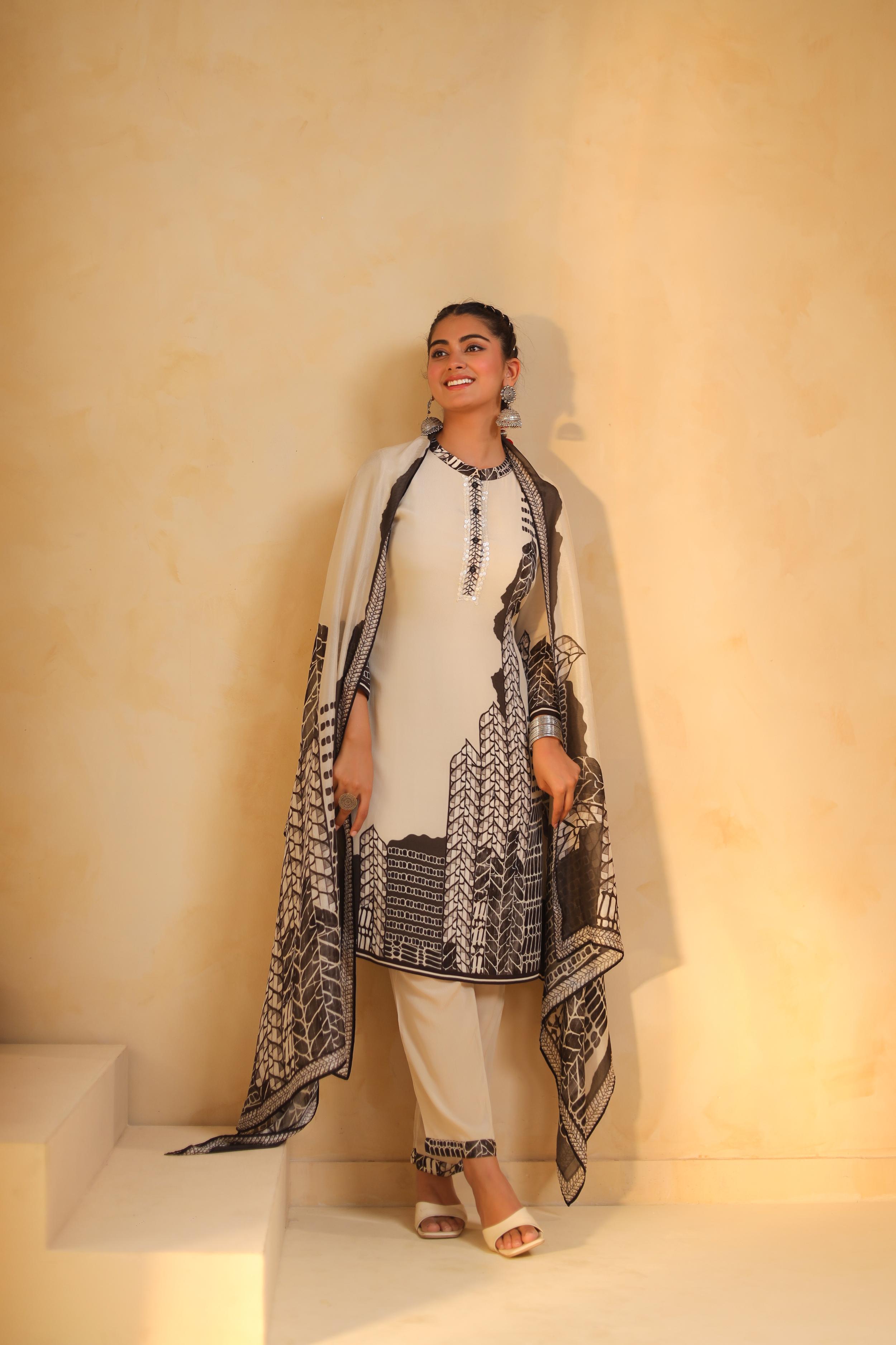 White Printed Viscose Crepe Silk Pant Set