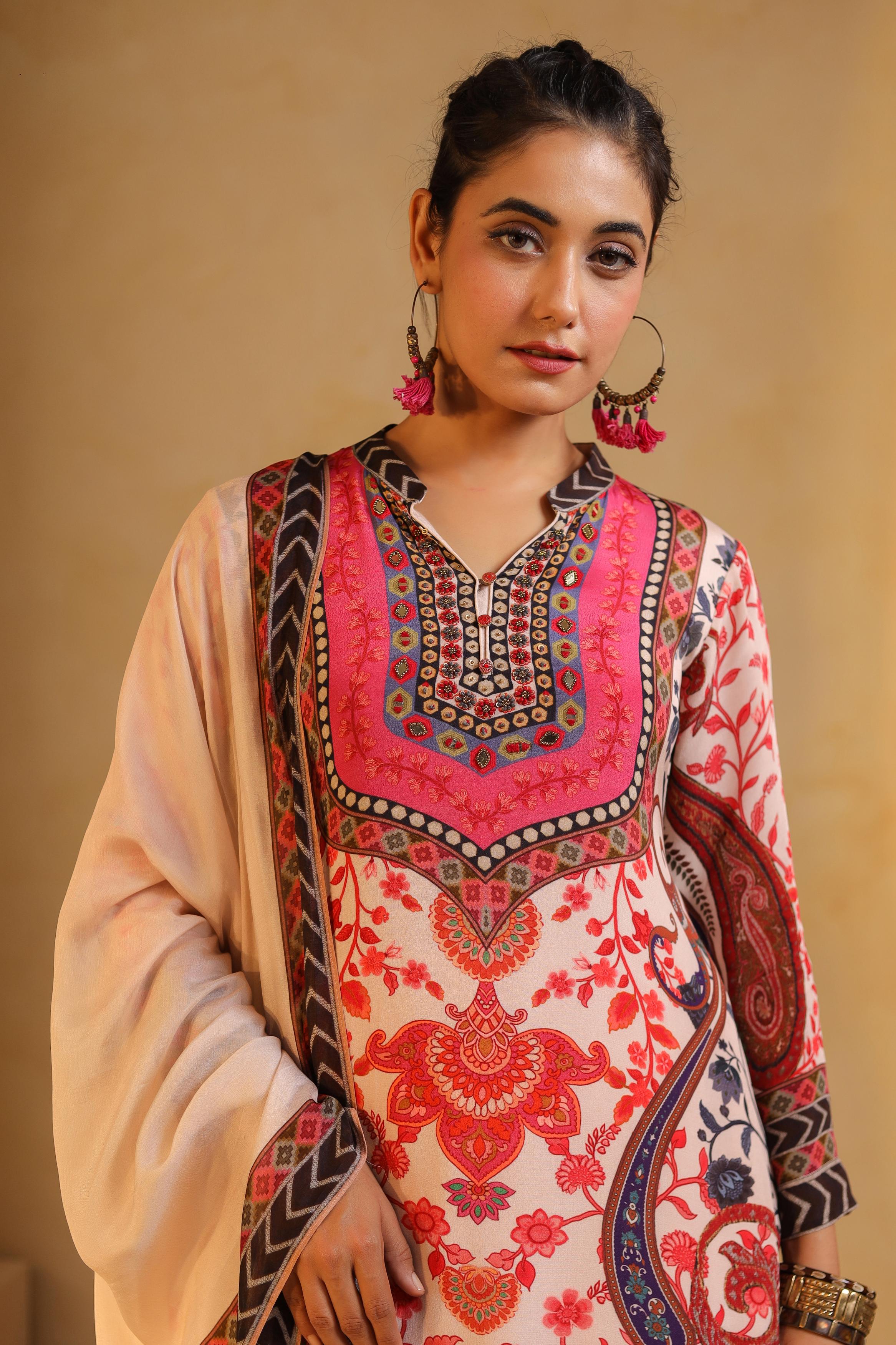 Soft Pink Printed Viscose Crepe Silk Pant Set