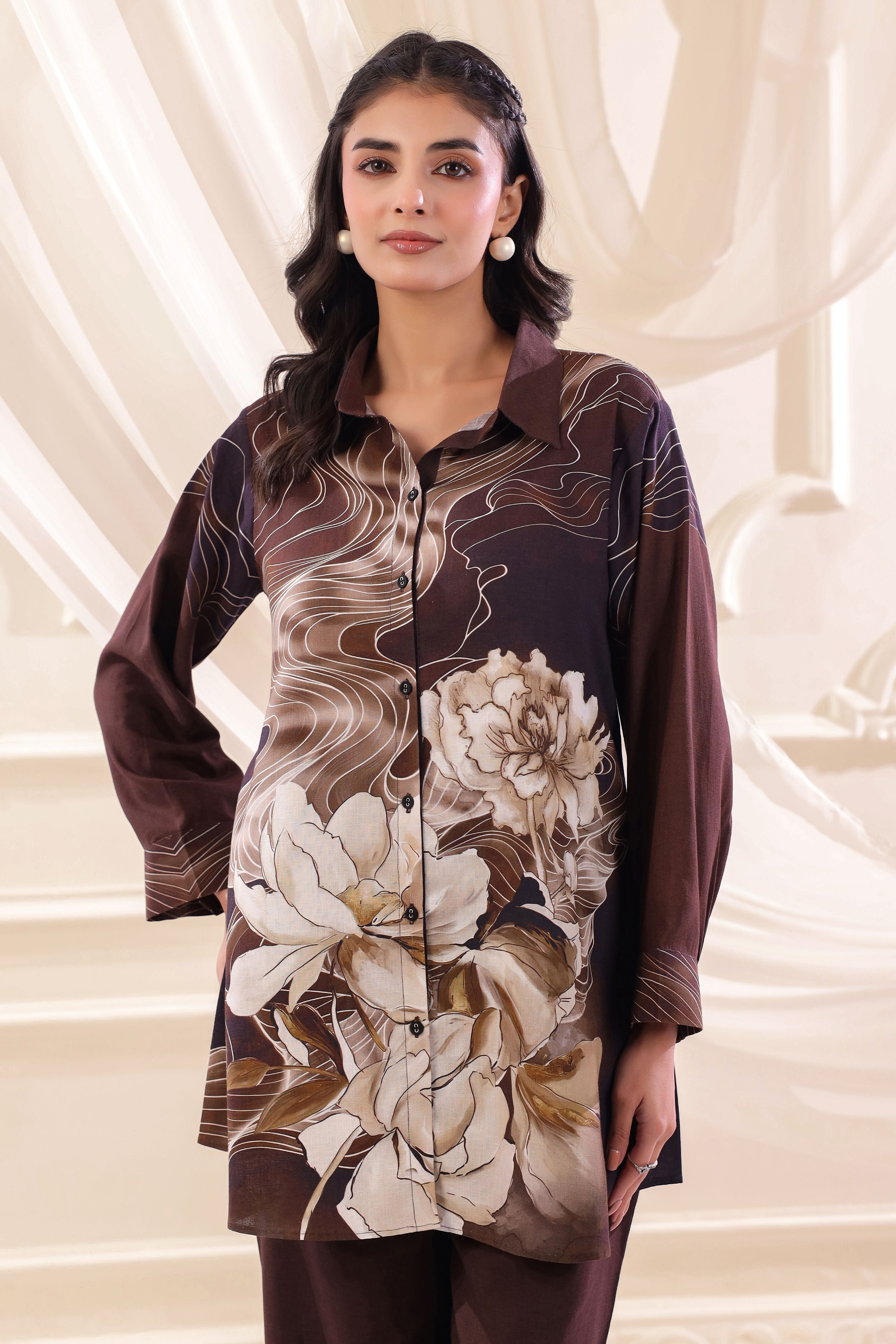 Chocolate Brown Printed Linen Co-Ord Set