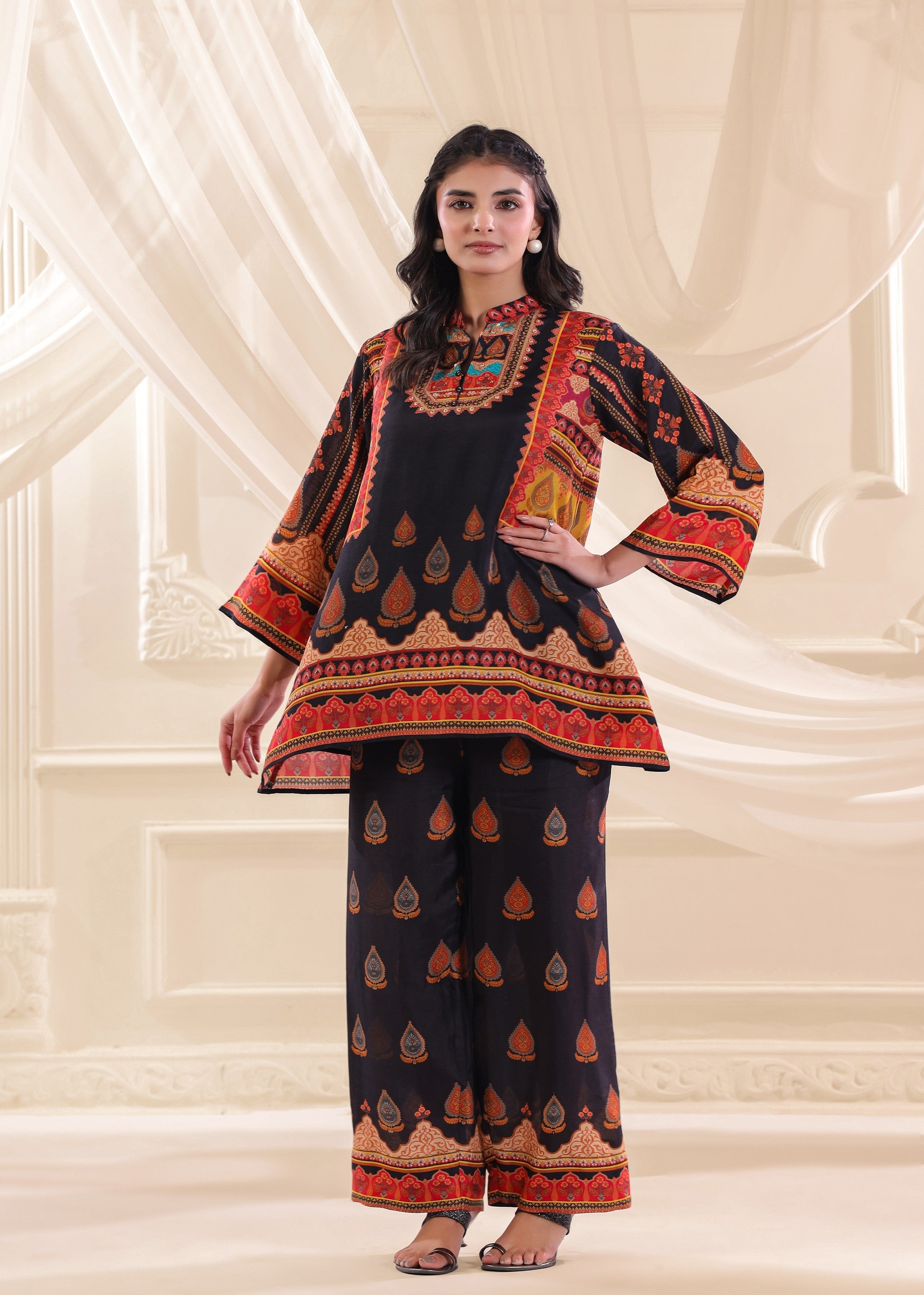 Navy Blue Embellished Dola Silk Co-Ord Set