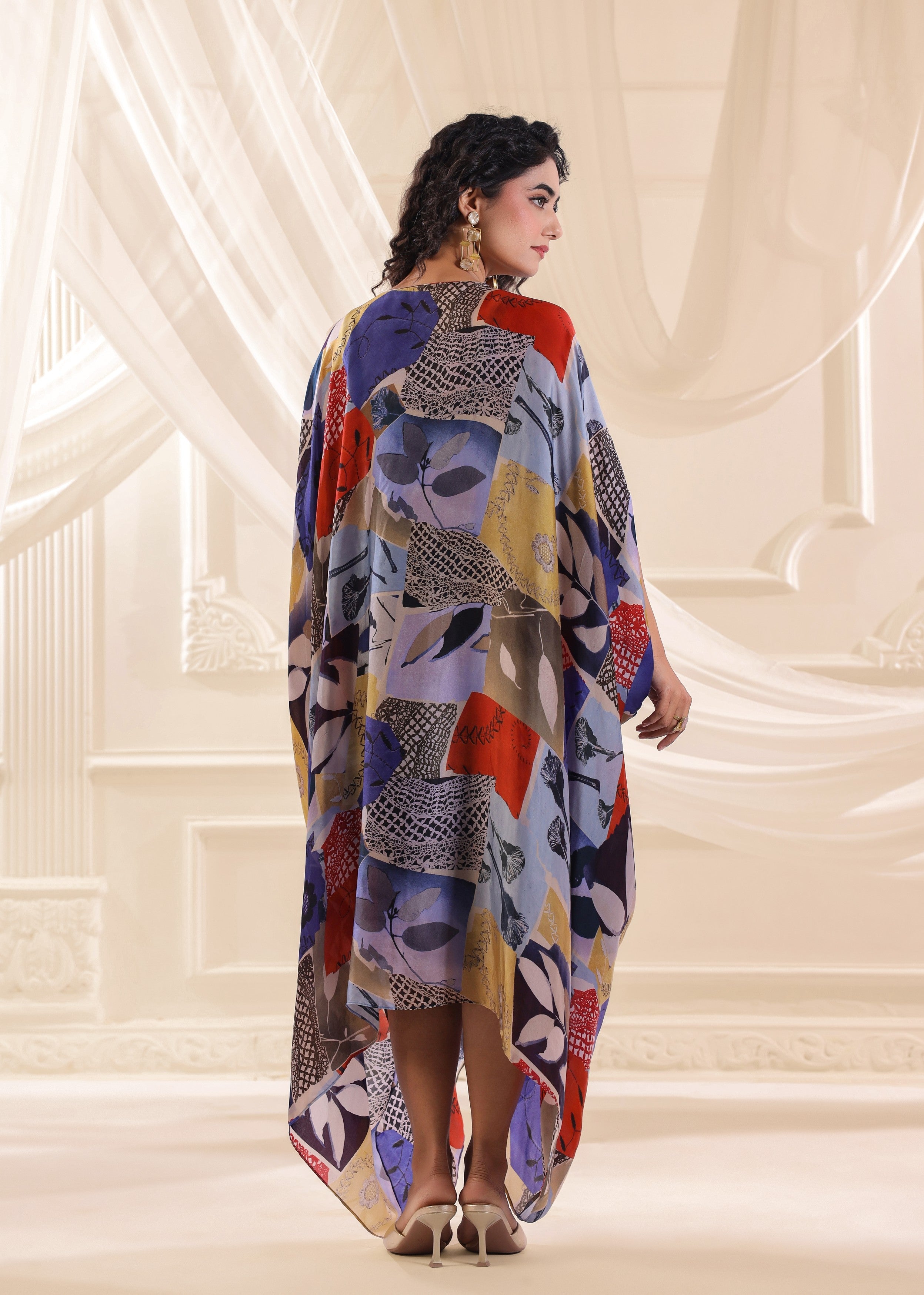 Blue Floral Embellished Satin Silk Dress