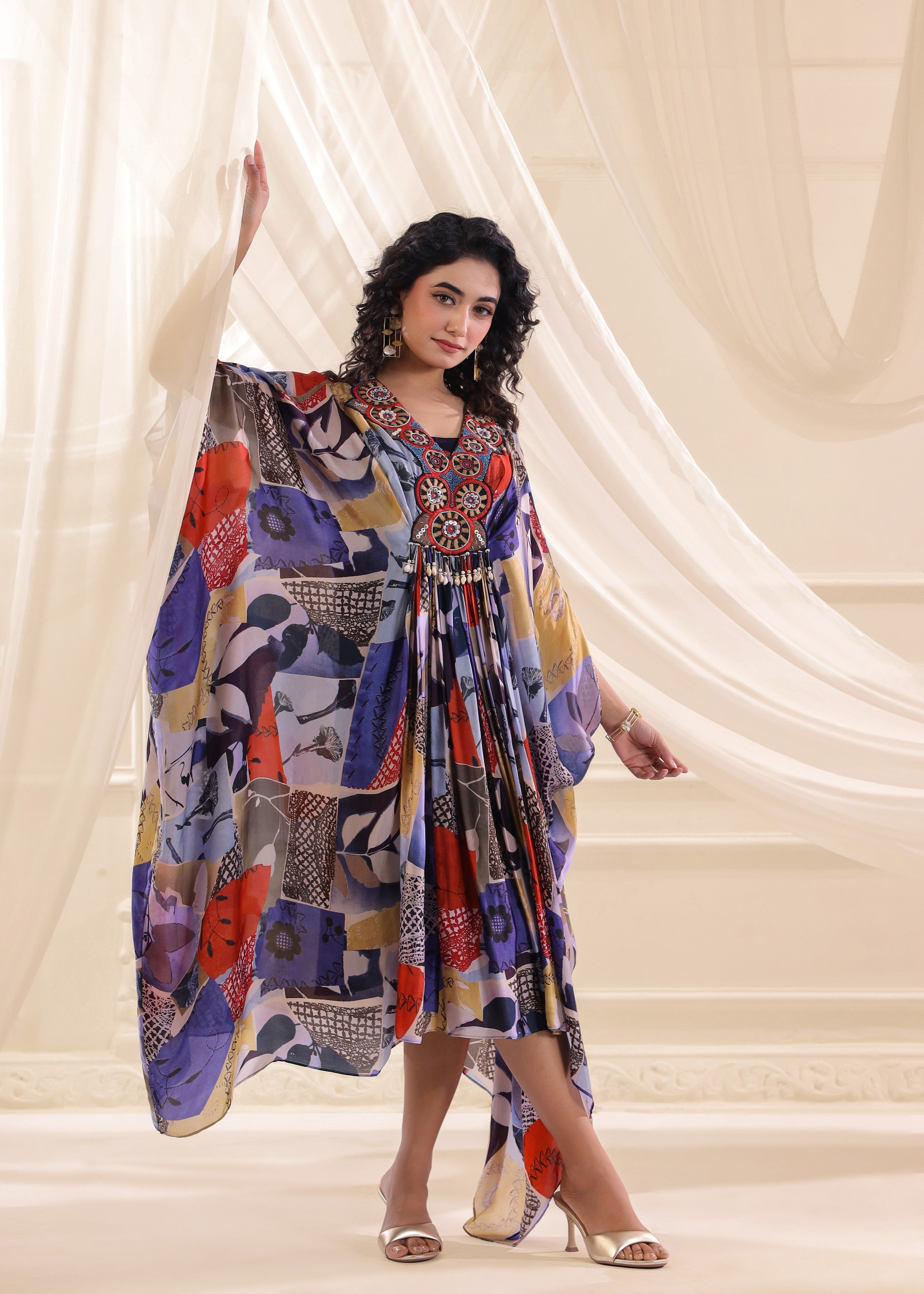 Blue Floral Embellished Satin Silk Dress
