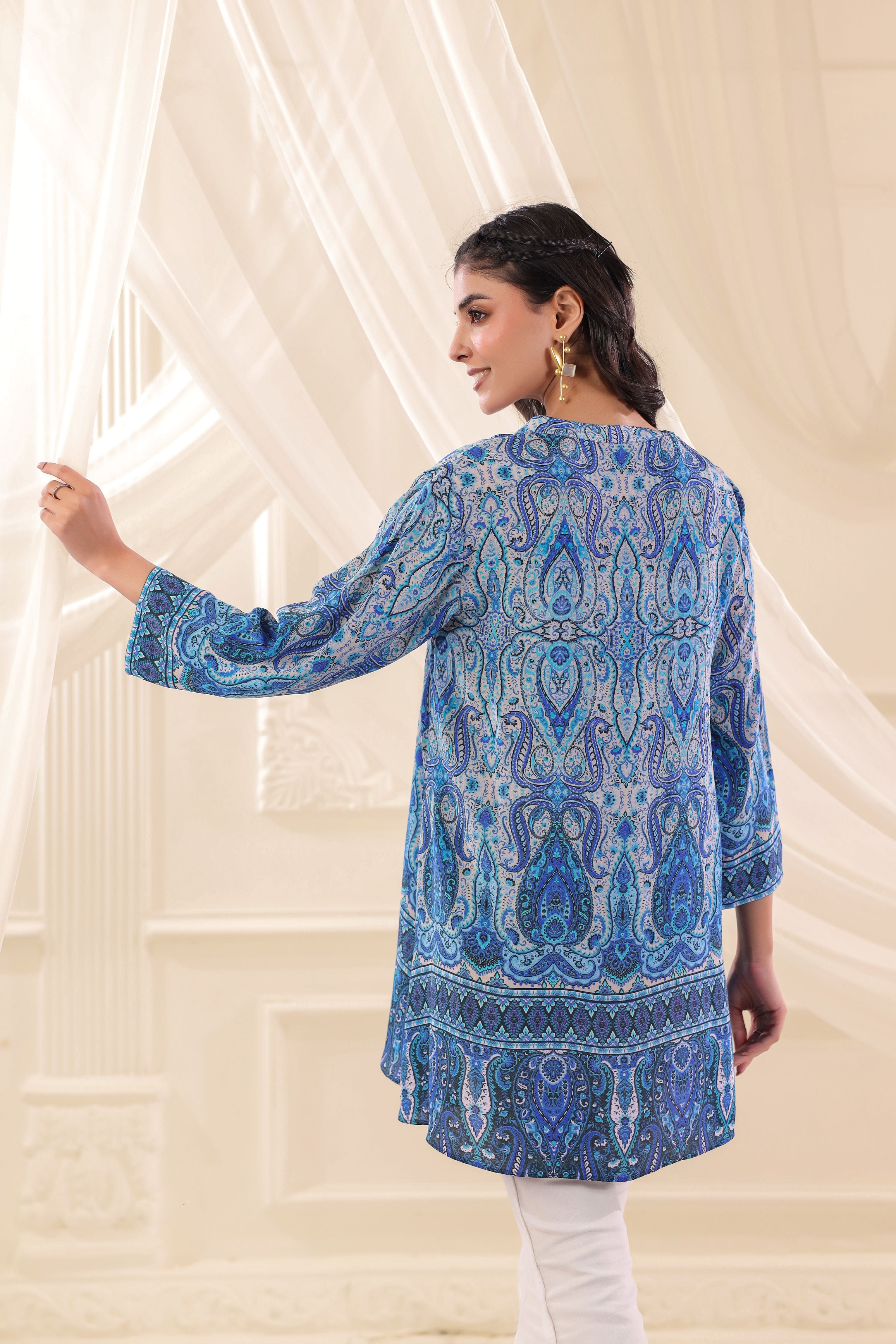 Blue Paisley Printed Crepe Silk Top