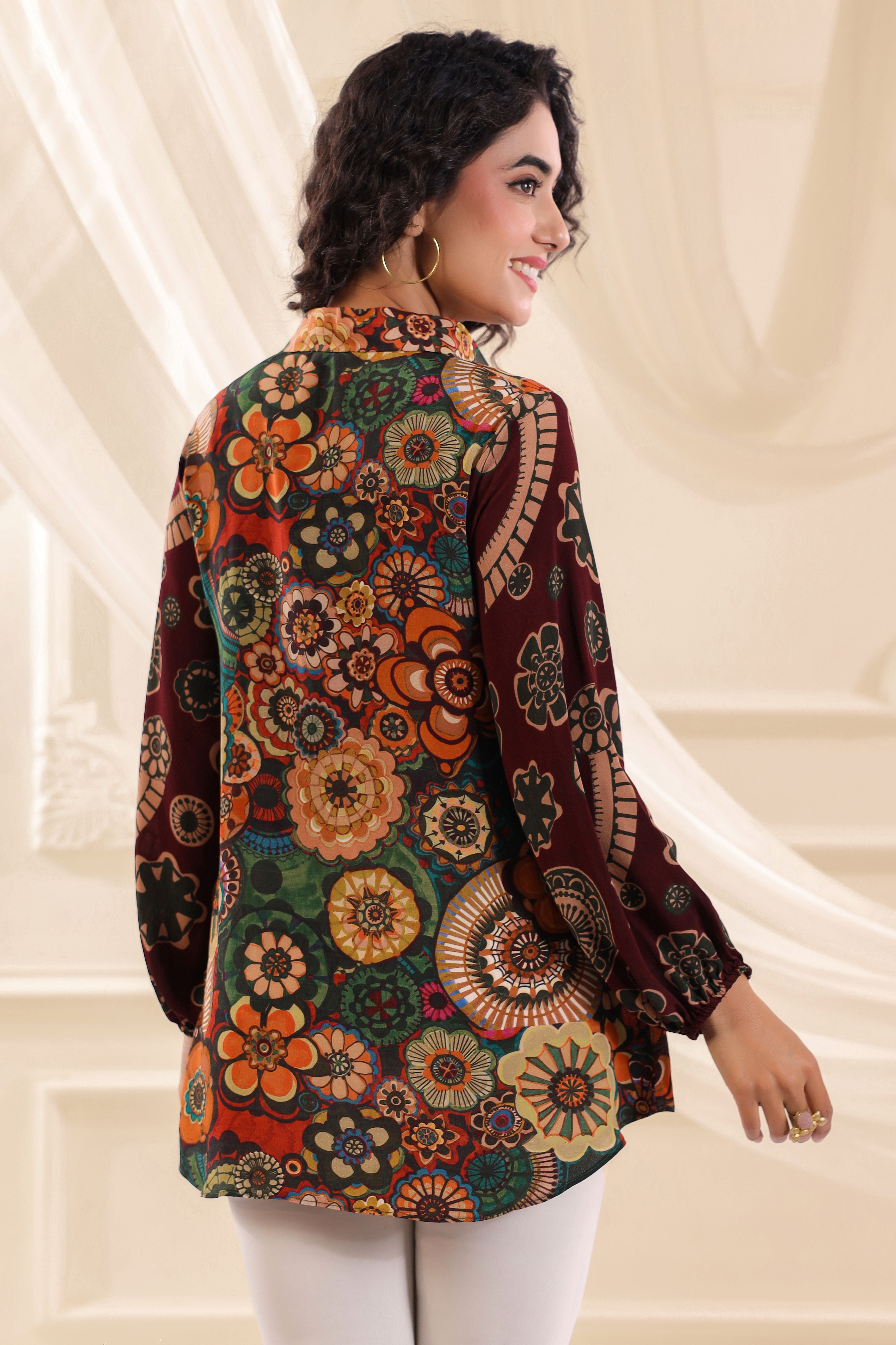 Maroon Meadow Printed Crepe Silk Top