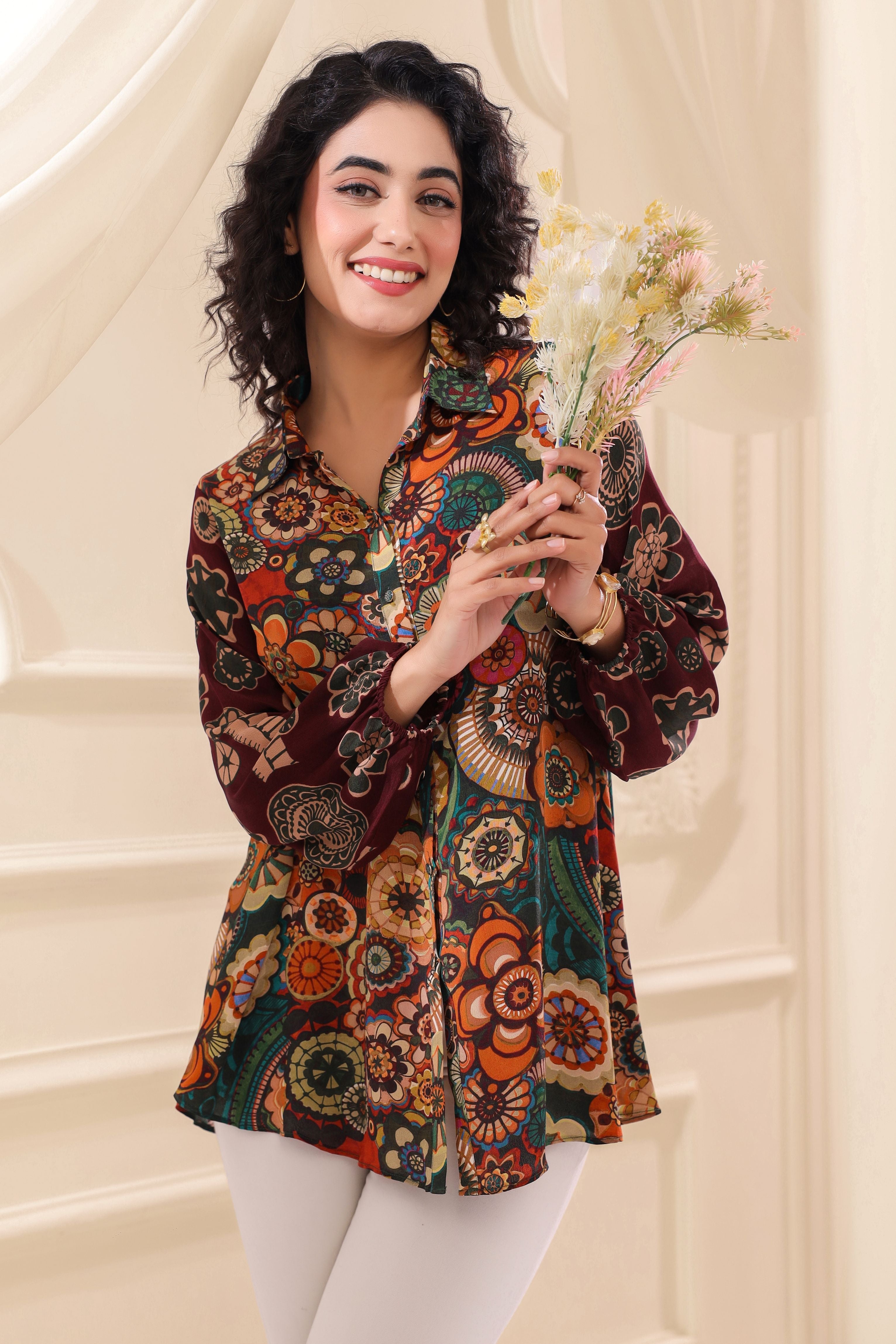 Maroon Meadow Printed Crepe Silk Top