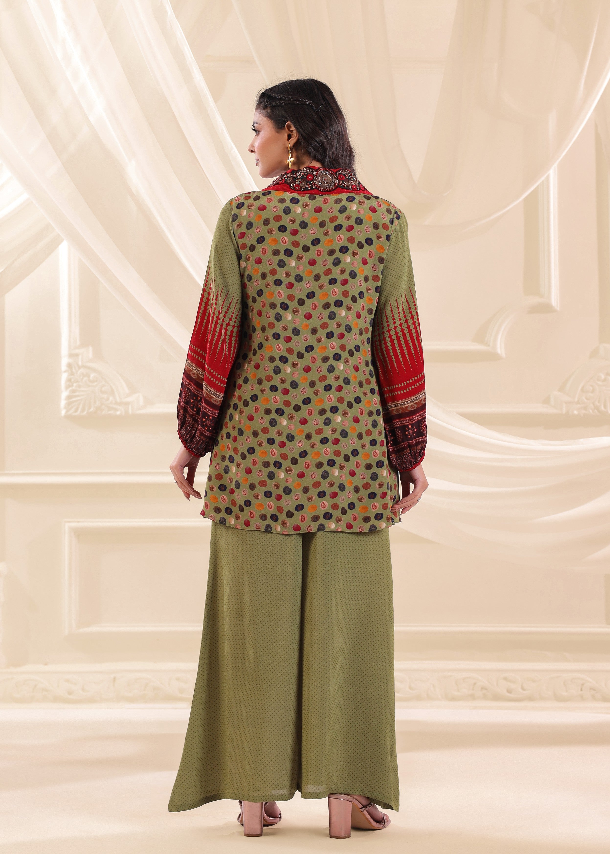 Olive Green Printed Crepe Silk Co-Ord Set