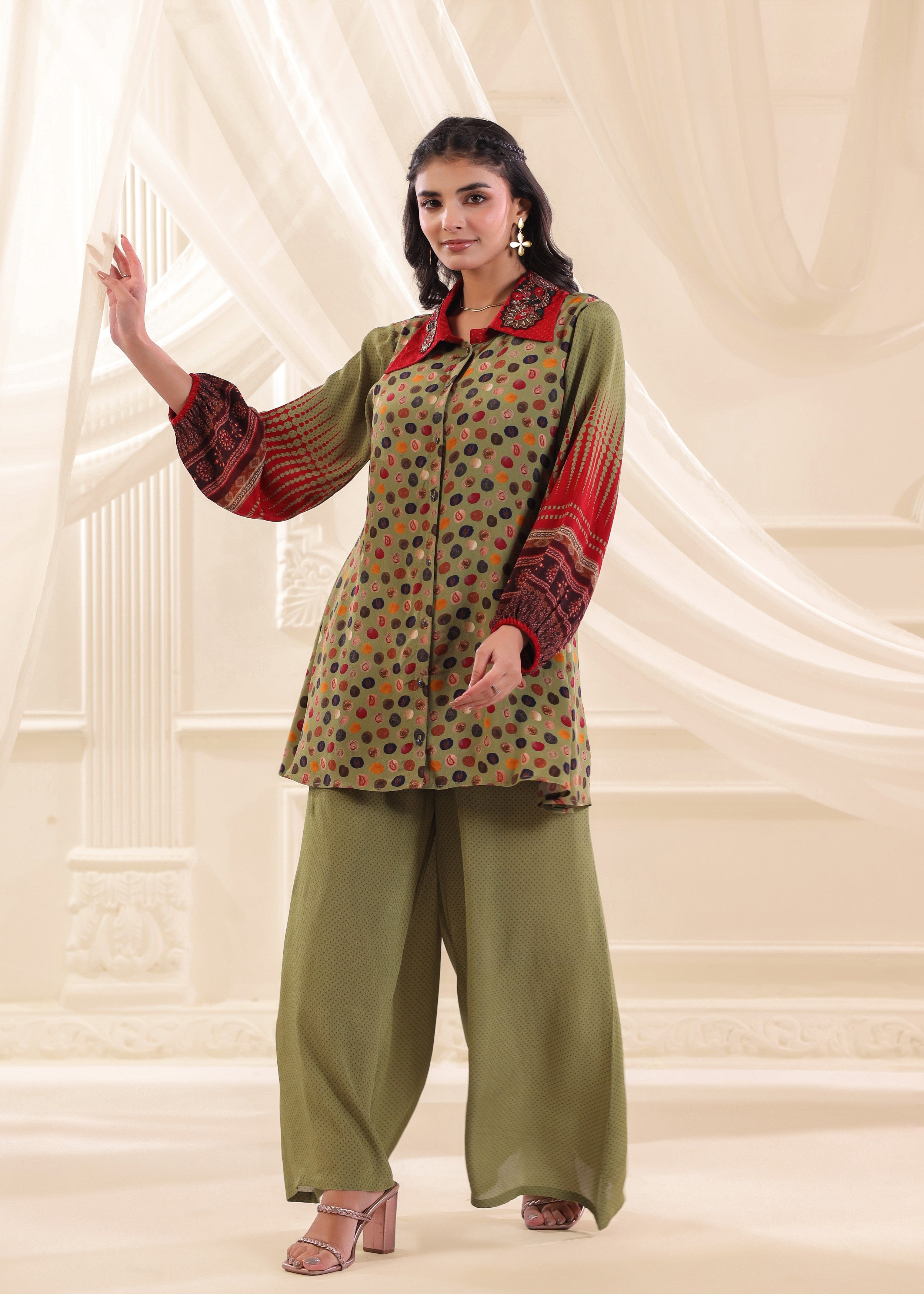 Olive Green Printed Crepe Silk Co-Ord Set