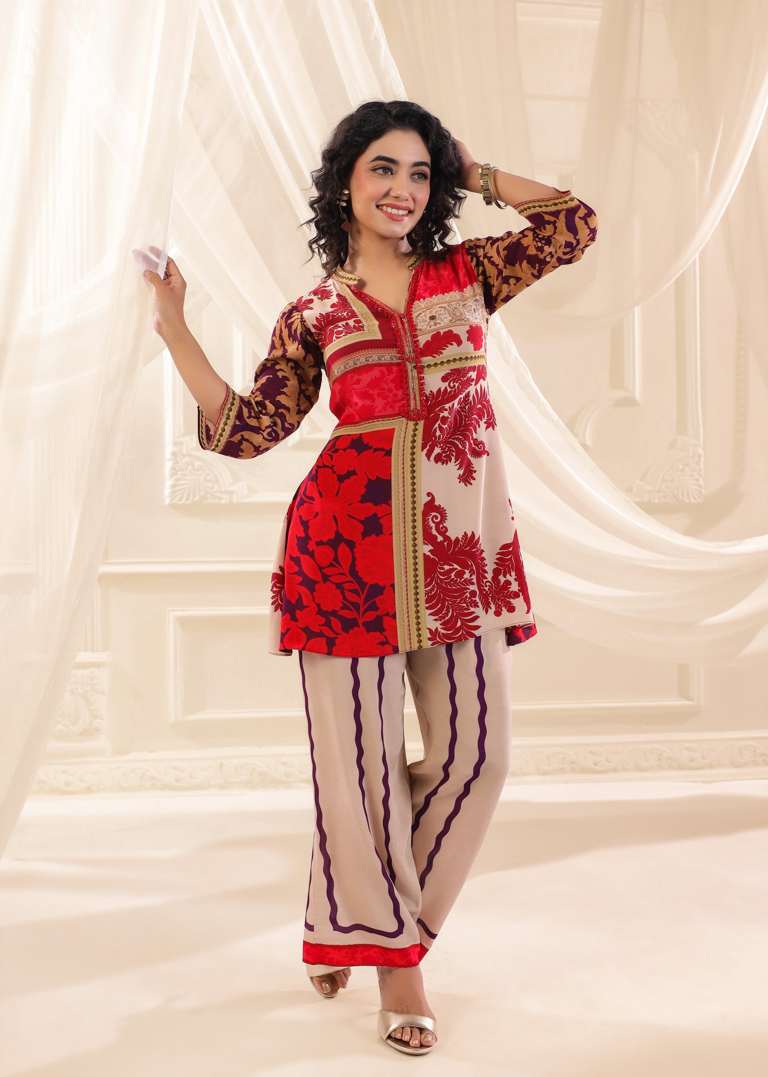 Crimson Cream Printed Crepe Silk Co-Ord Set