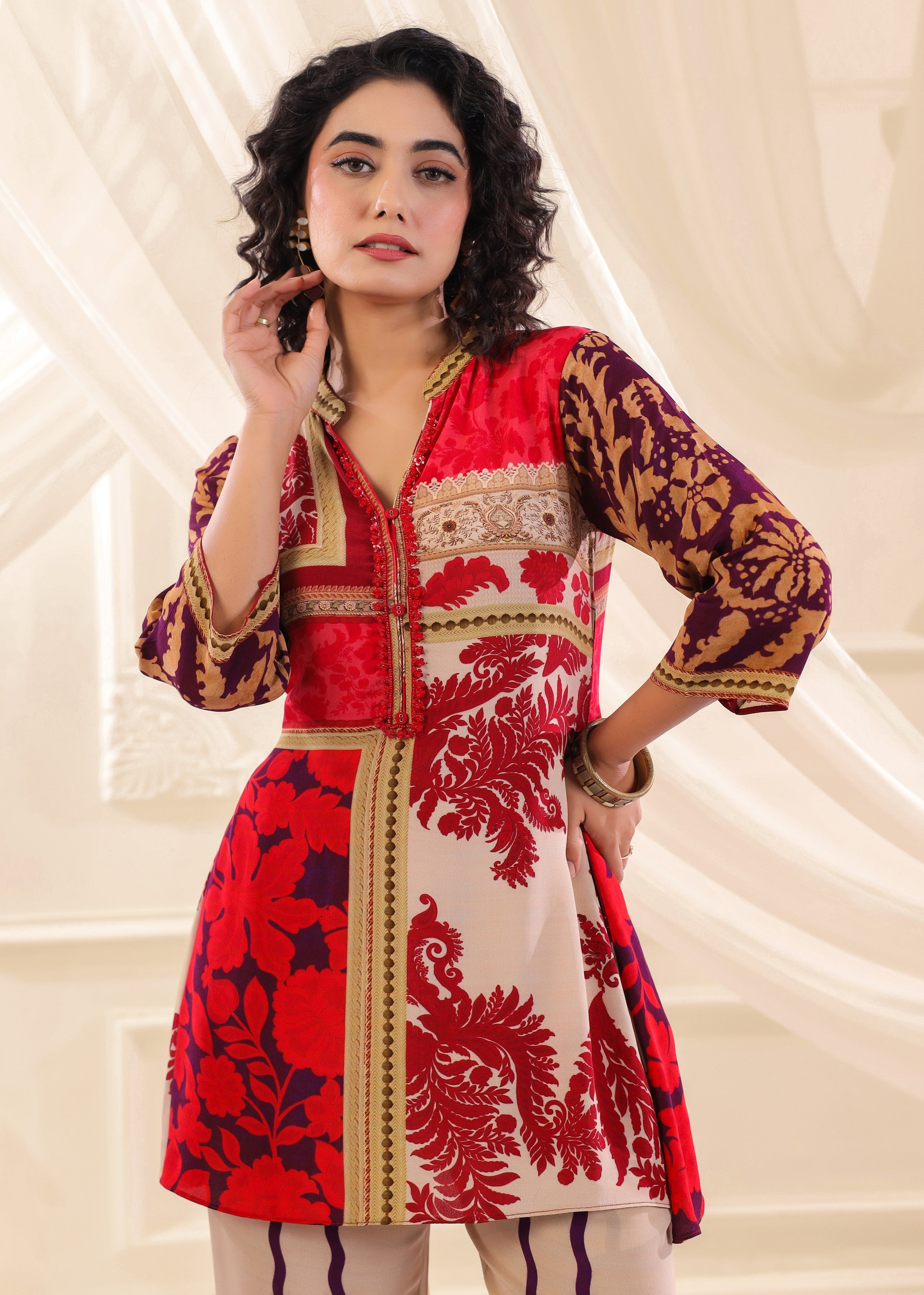 Crimson Cream Printed Crepe Silk Co-Ord Set