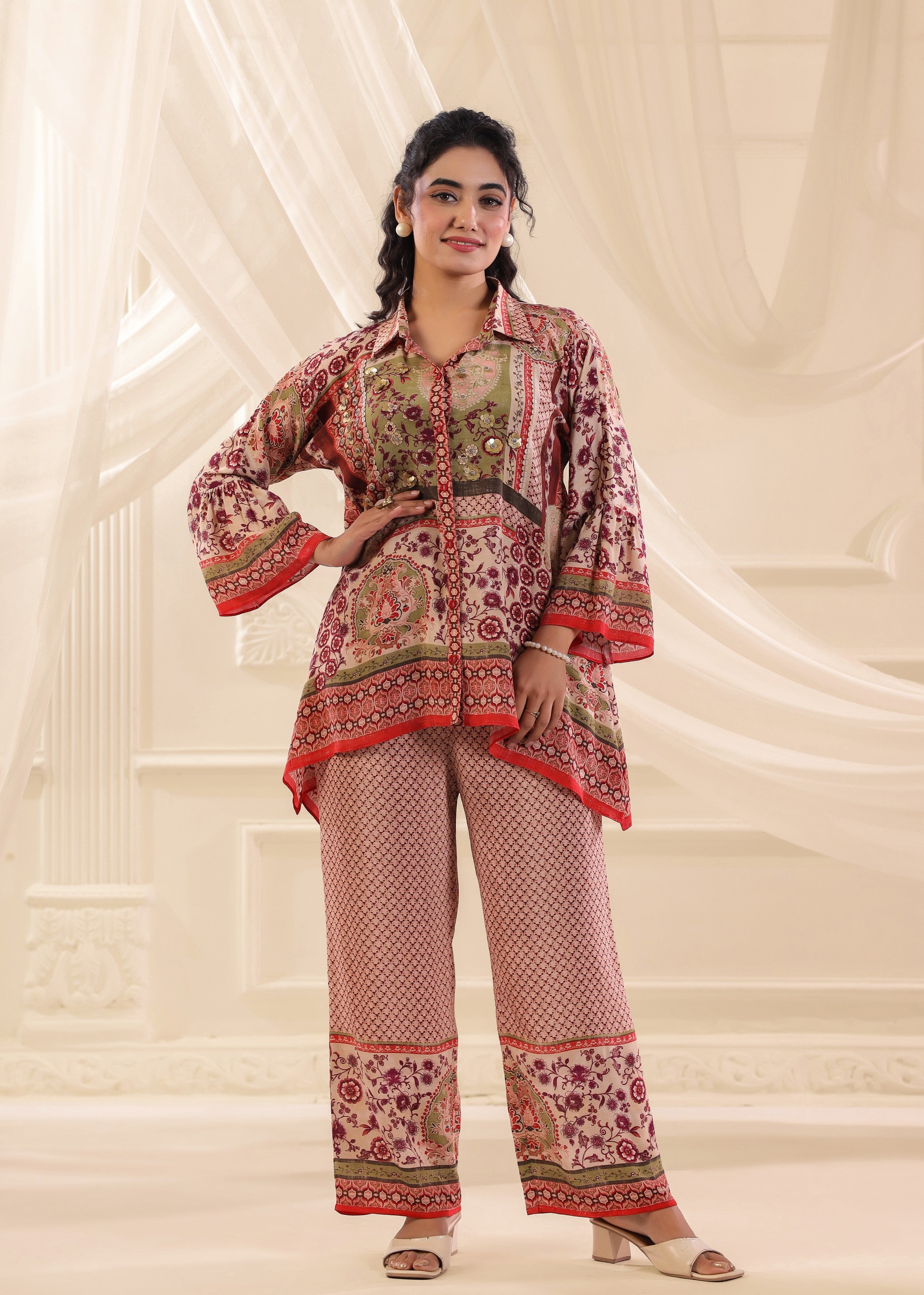 Multicolor Embellished Crepe Silk Co-Ord Set