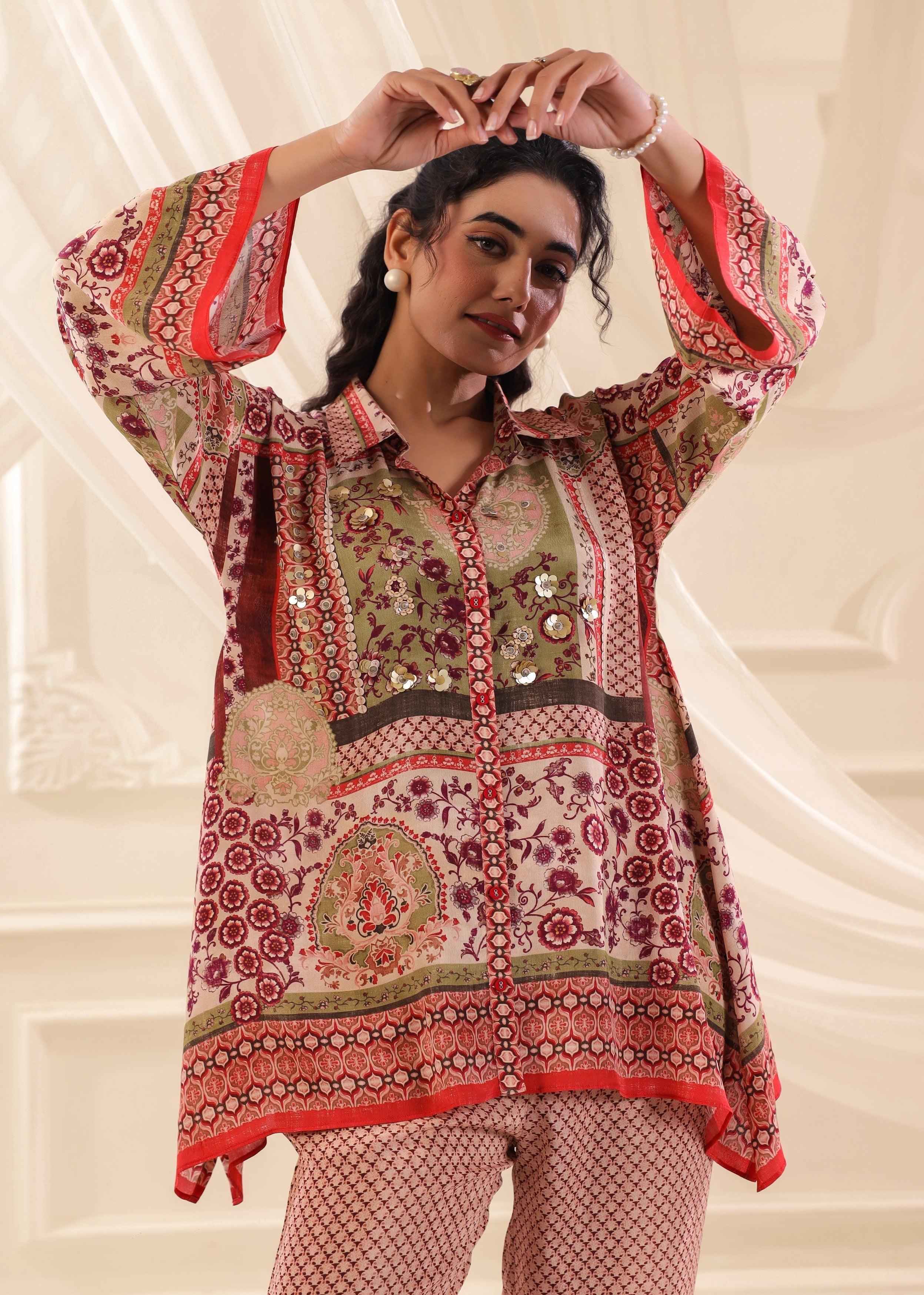 Multicolor Embellished Crepe Silk Co-Ord Set