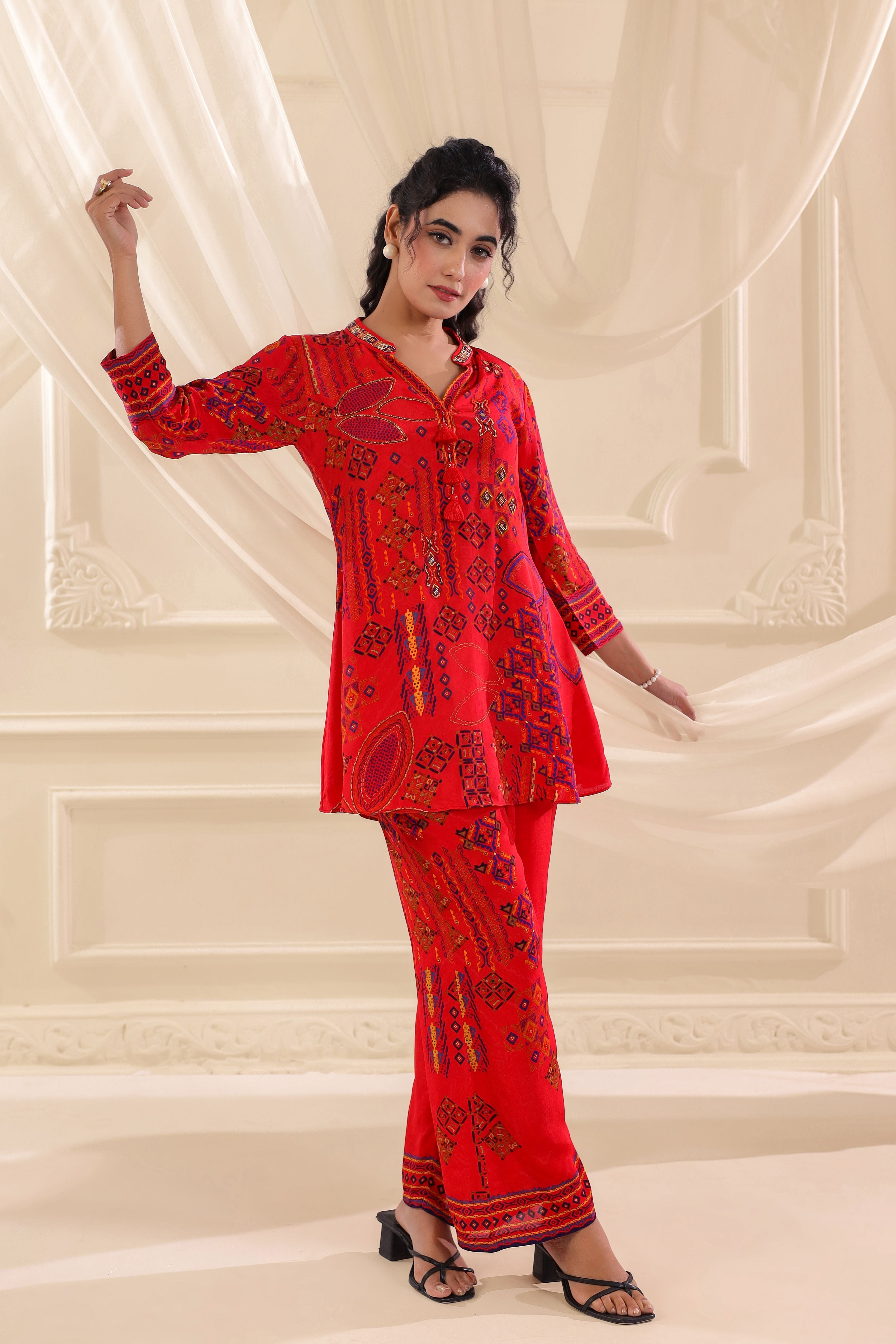 Chilli Red Printed Crepe Silk Co-Ord Set