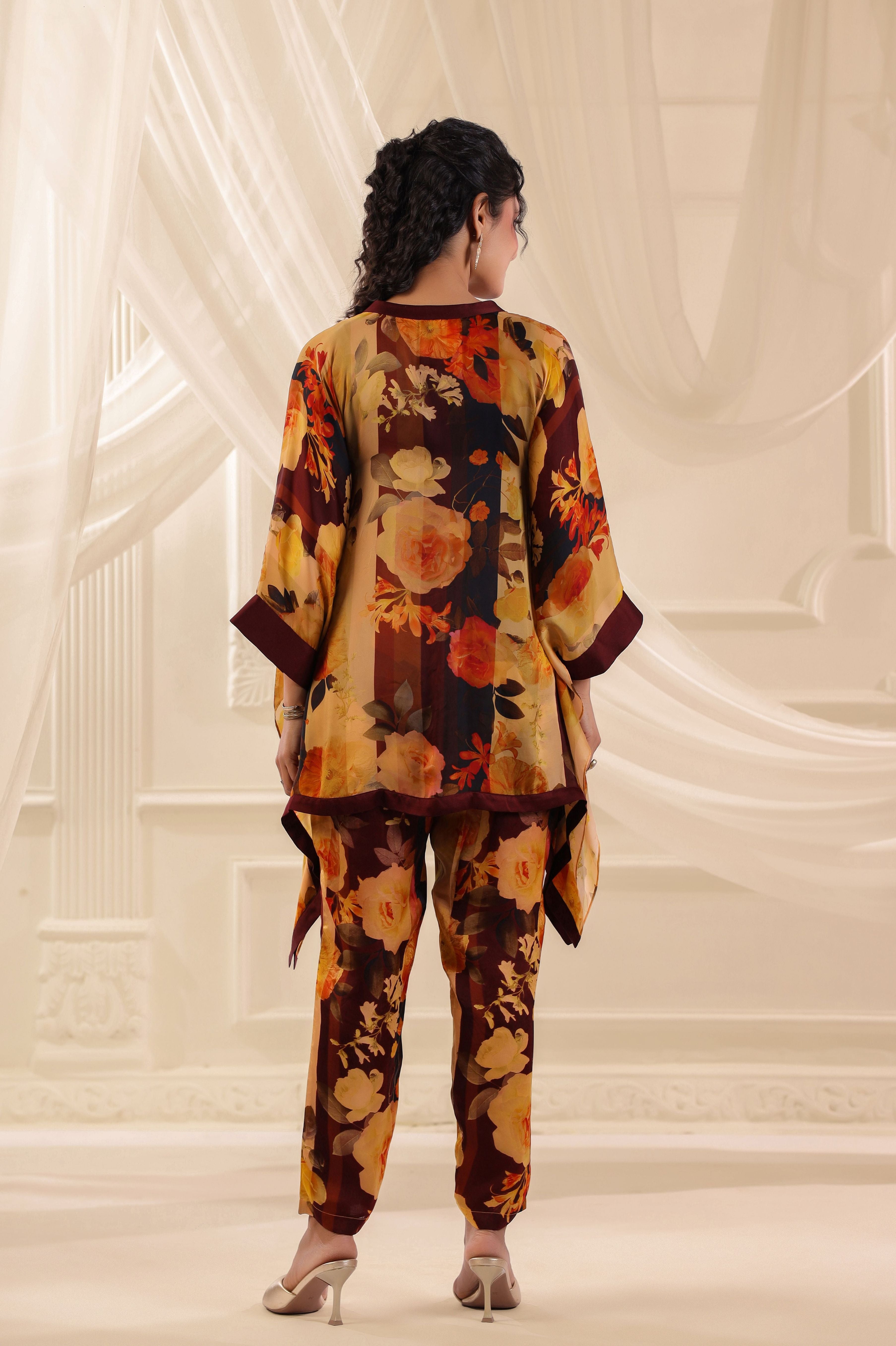 Vintage Ruby Mustard Printed Satin Silk Co-Ord Set