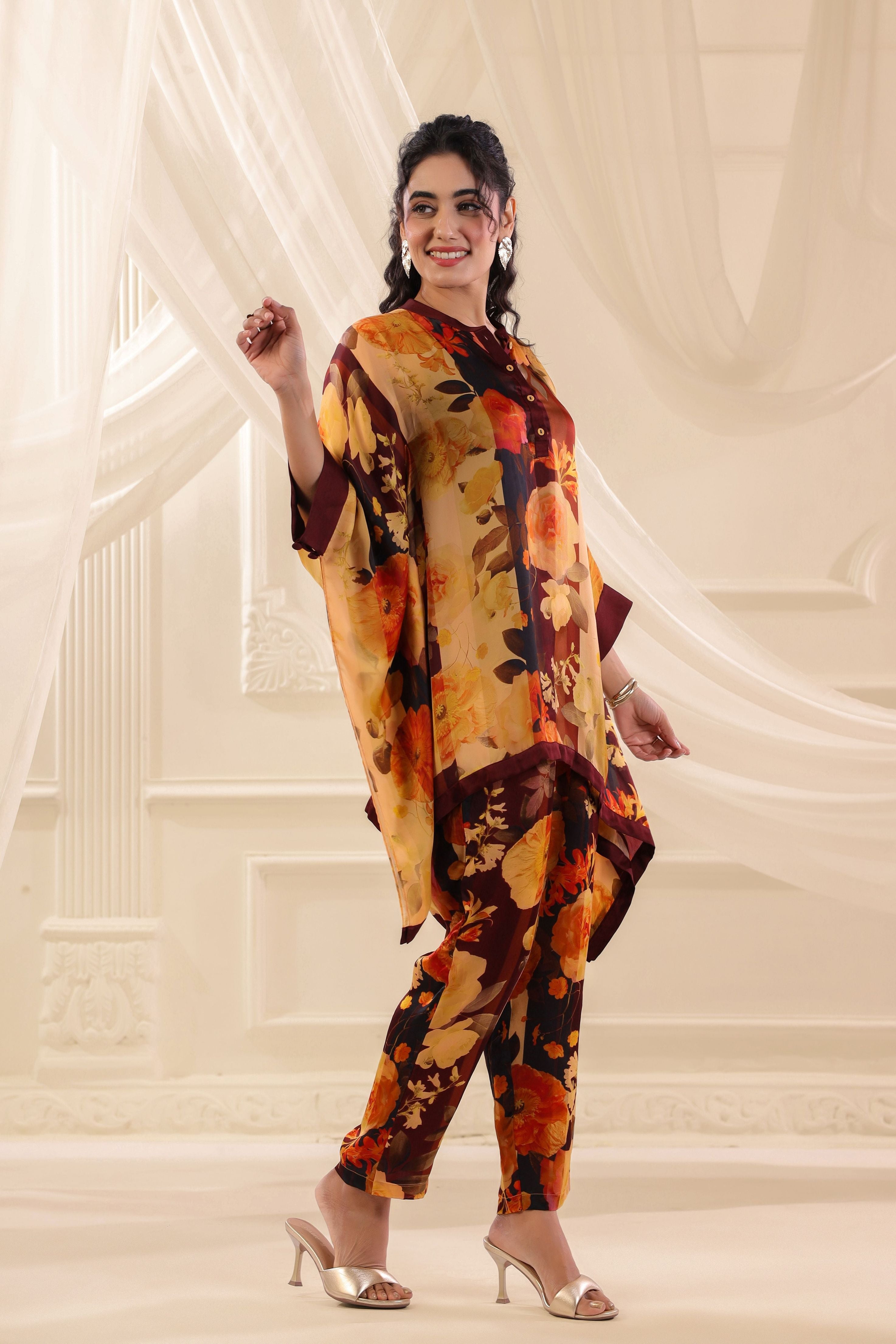Vintage Ruby Mustard Printed Satin Silk Co-Ord Set