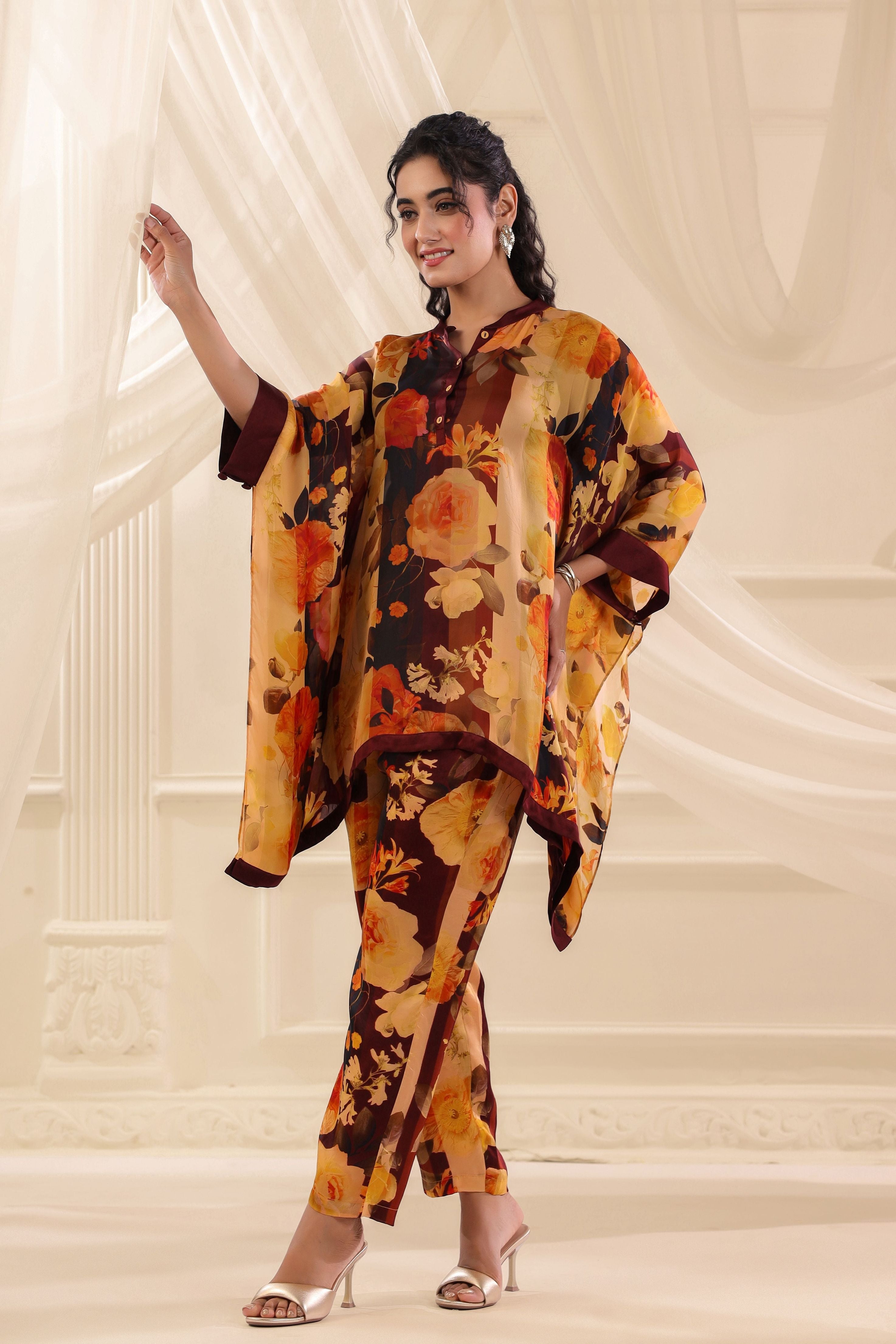 Vintage Ruby Mustard Printed Satin Silk Co-Ord Set