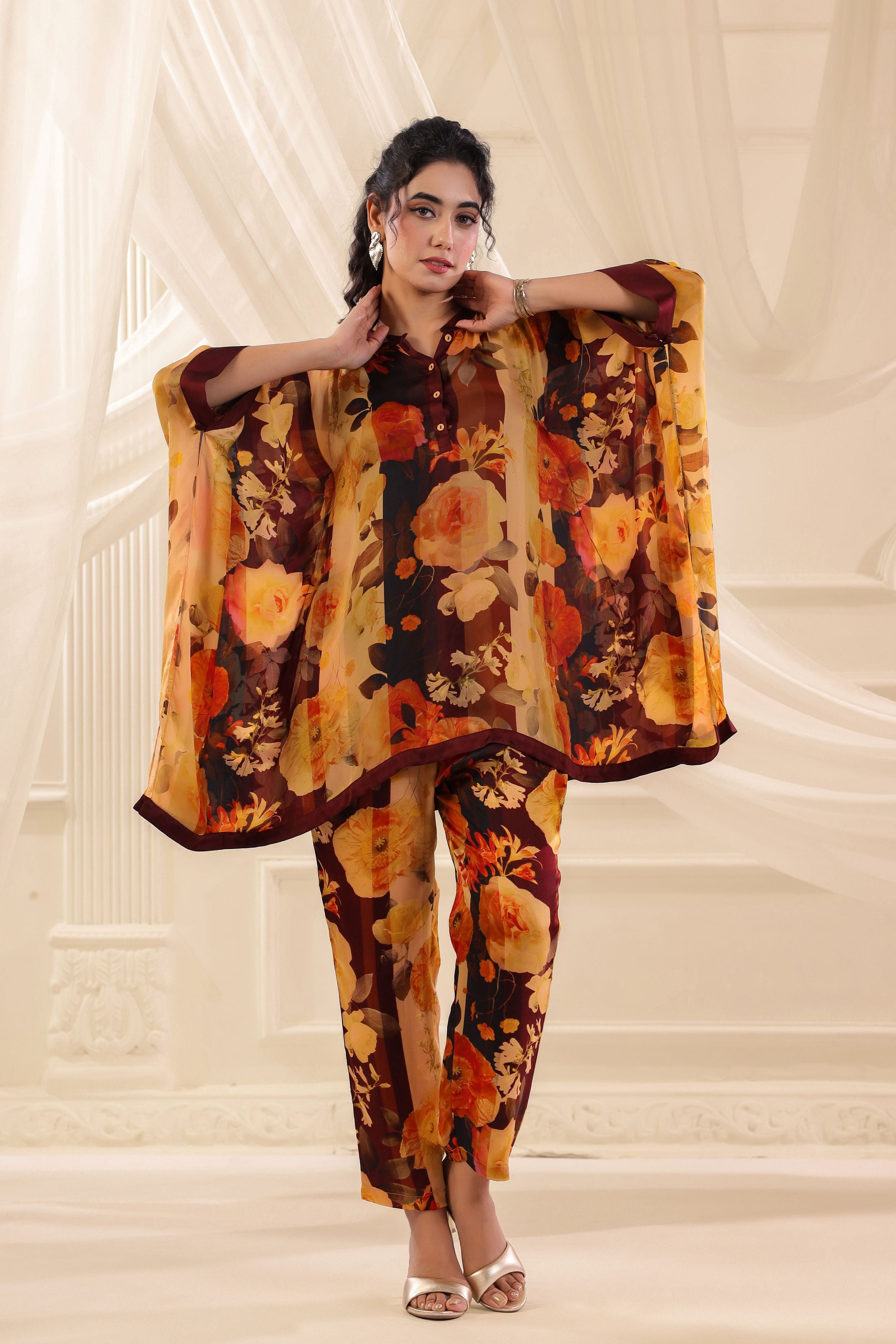 Vintage Ruby Mustard Printed Satin Silk Co-Ord Set