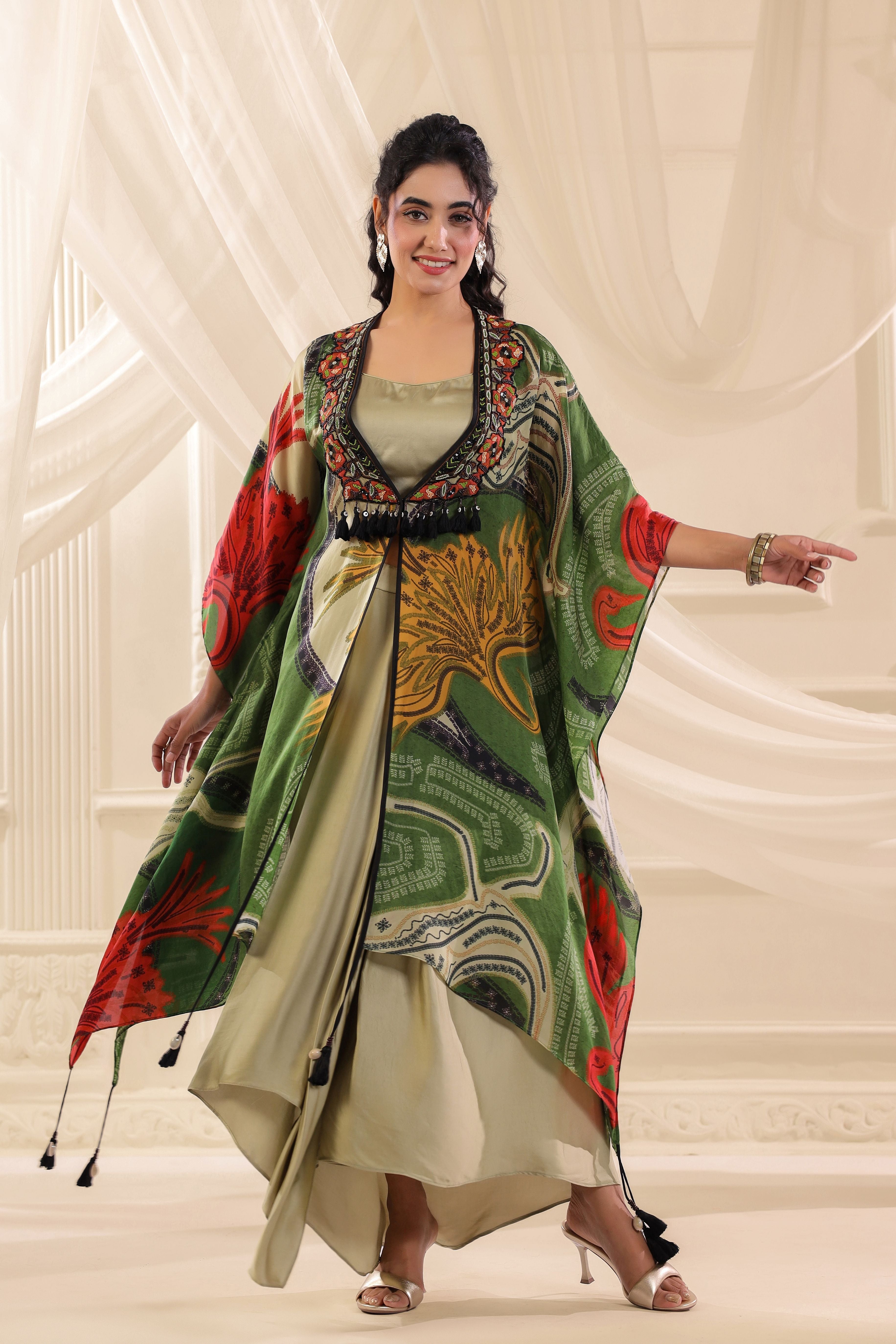 Moss Green Printed Satin Silk Cape Set