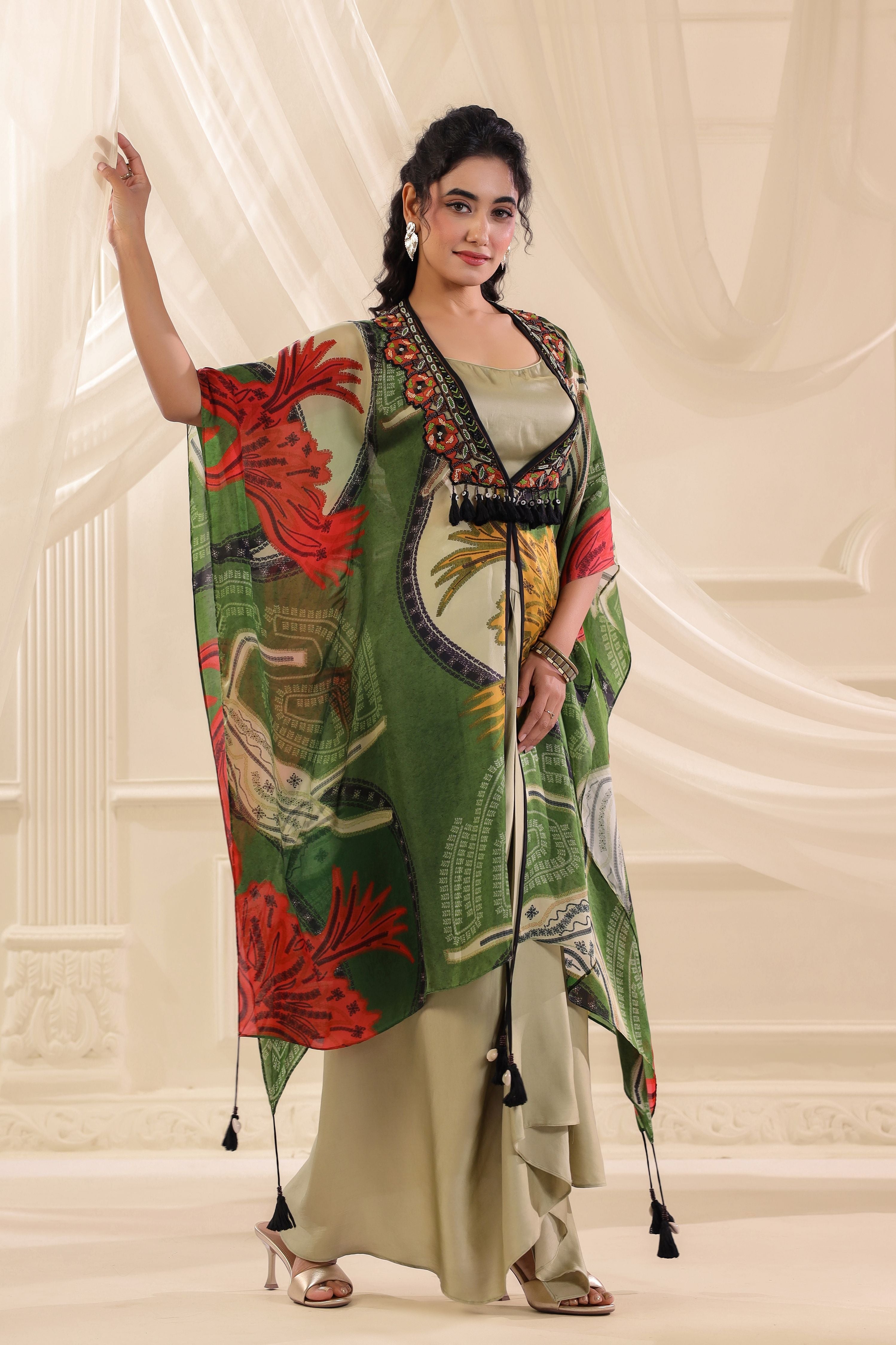 Moss Green Printed Satin Silk Cape Set