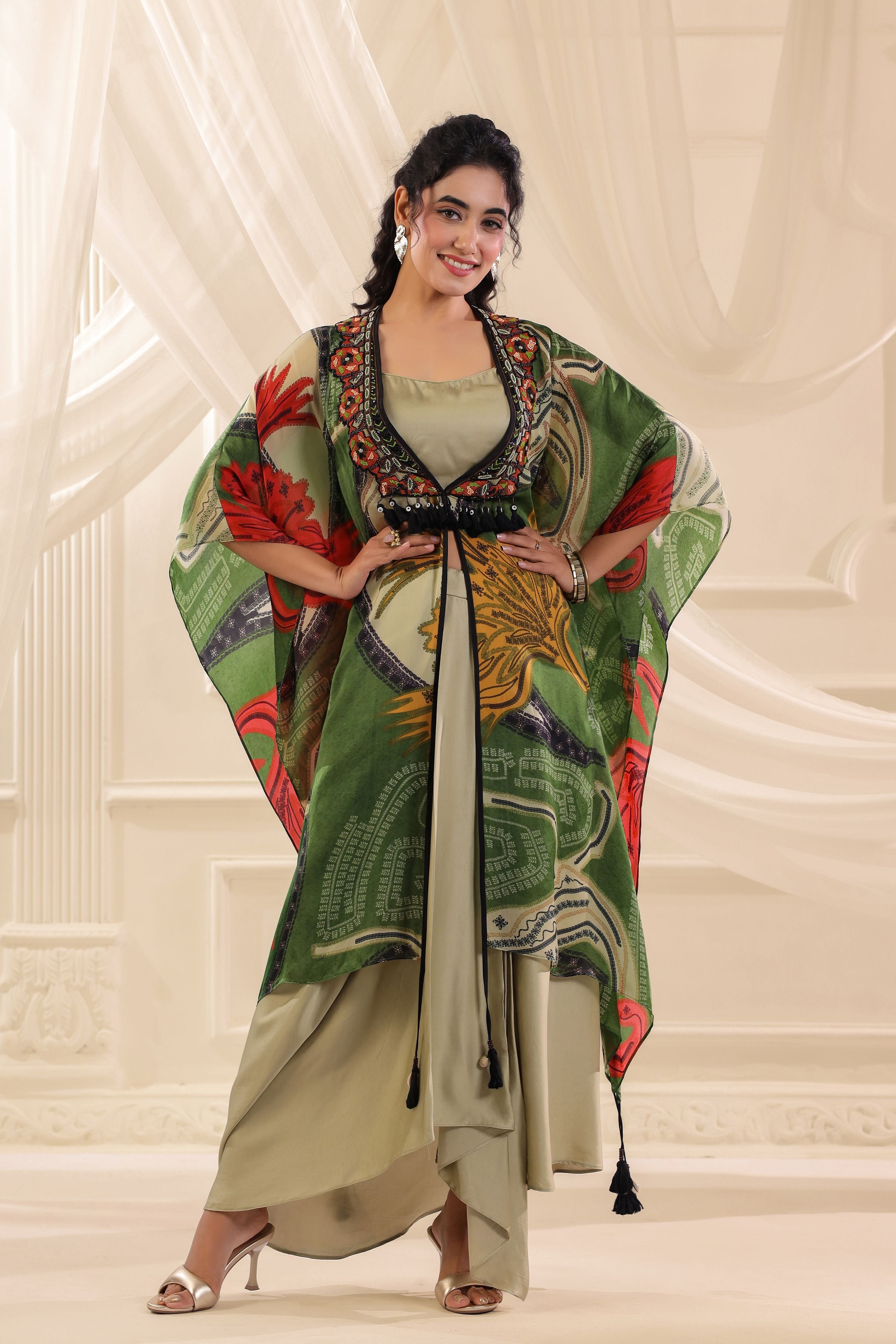 Moss Green Printed Satin Silk Cape Set
