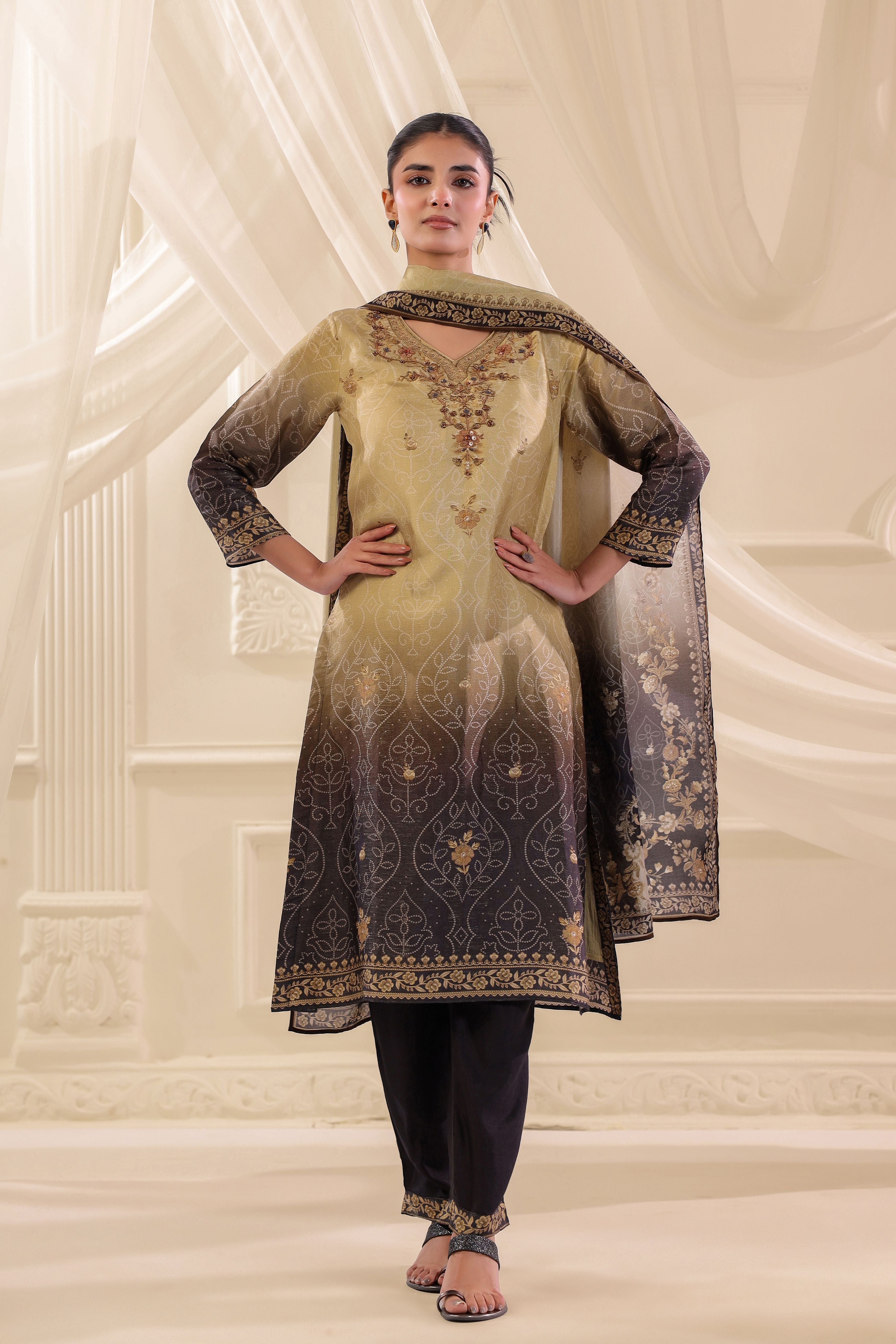 Olive Gold Ombre Printed Dola Silk Pant Set