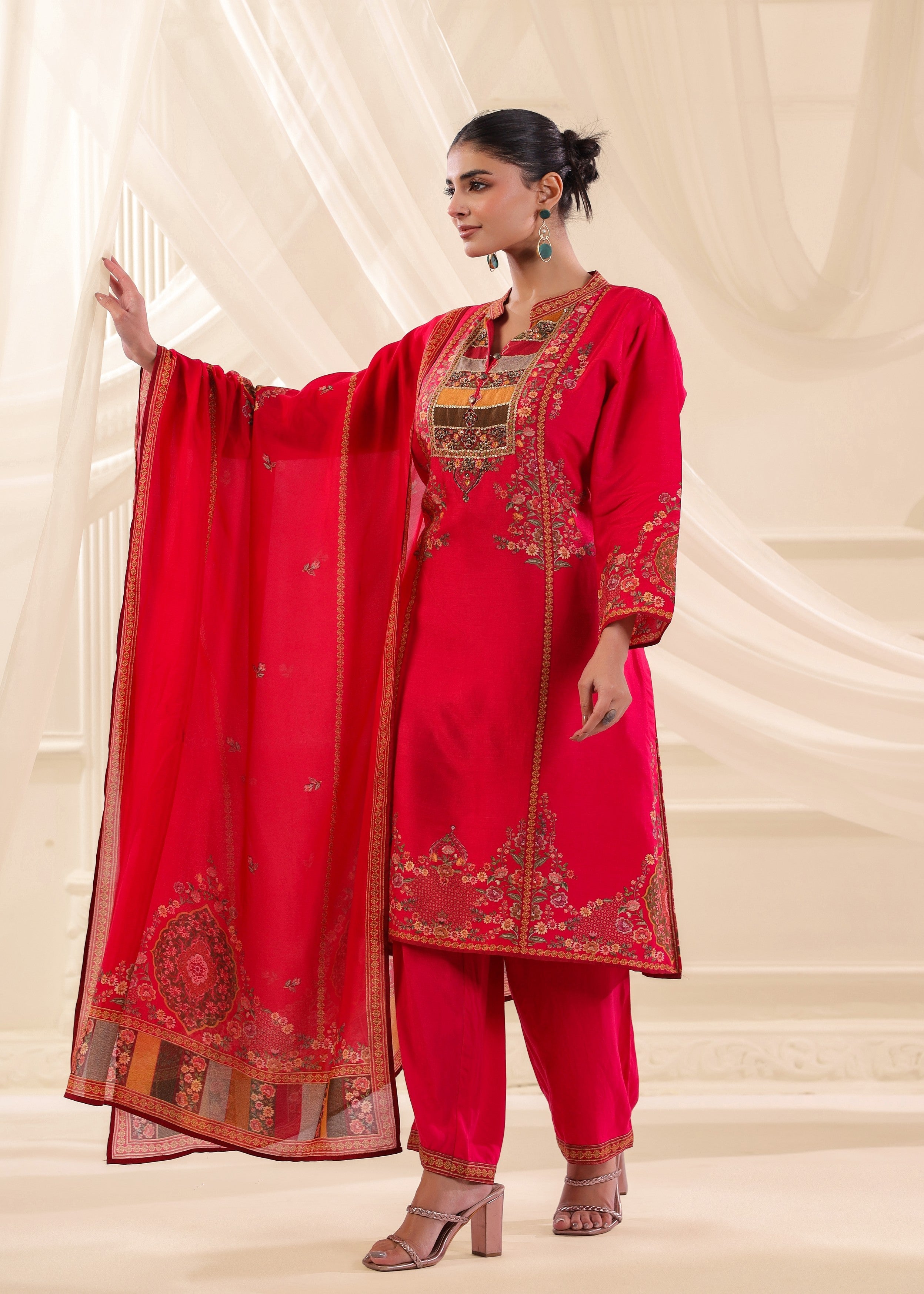 Fuchsia Pink Embellished Premium Silk Pant Set