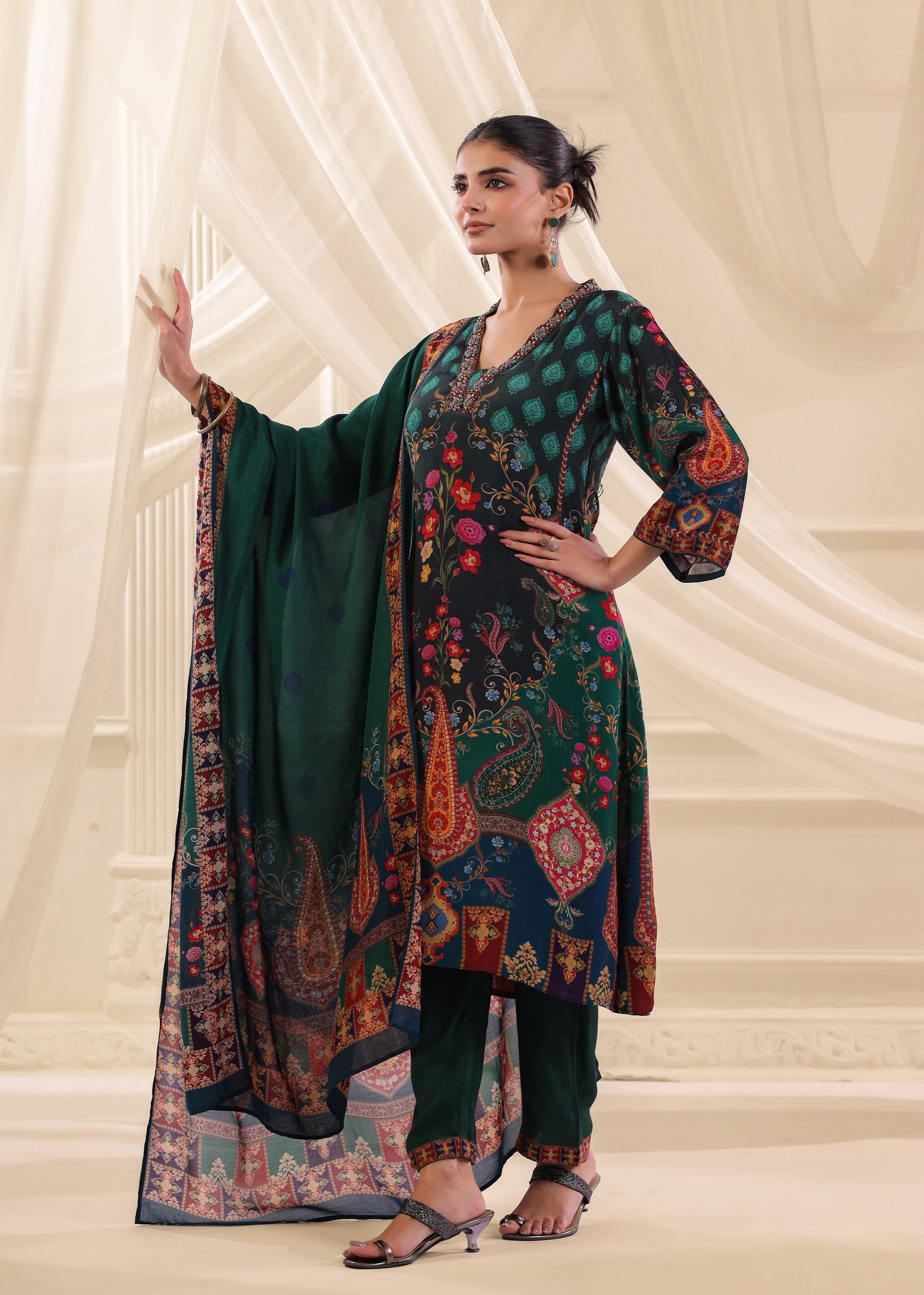 Bottle Green Printed Crepe Silk Pant Set