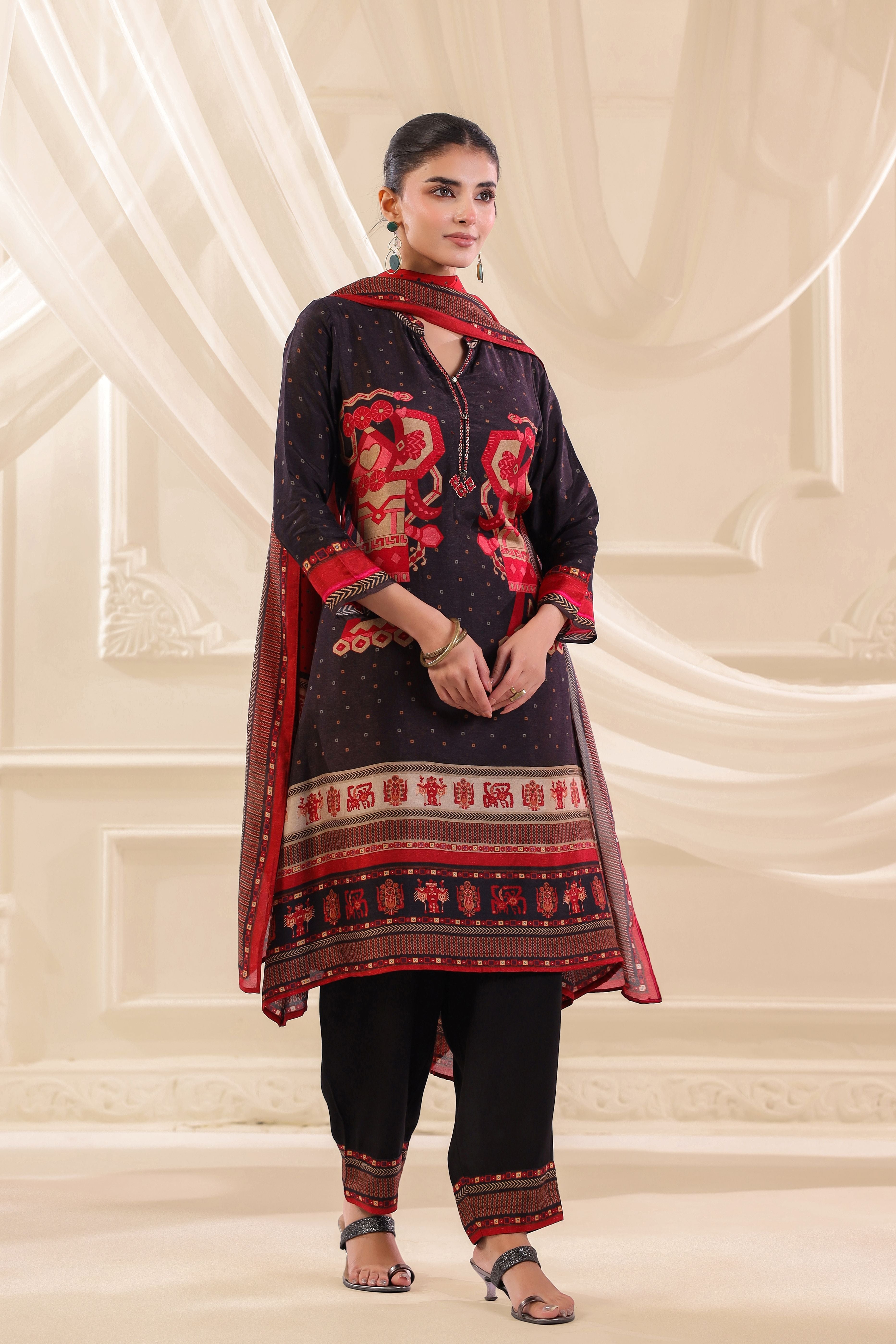 Dark Charcoal Printed Premium Silk Pant Set