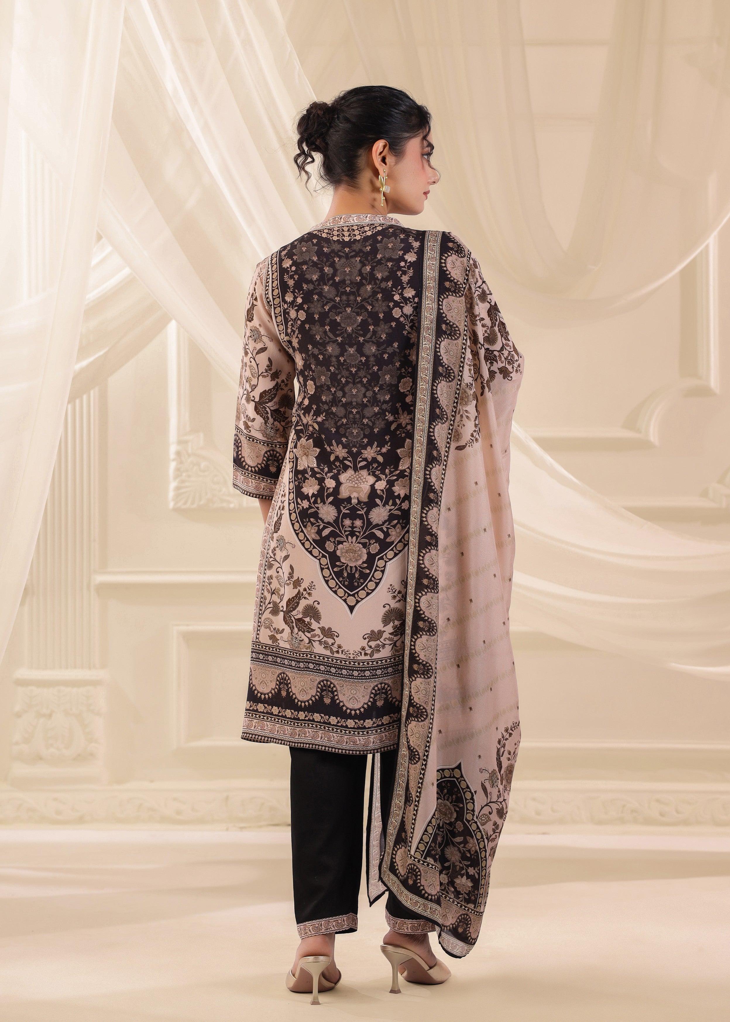 Blush Mocha Printed Crepe Silk Pant Set