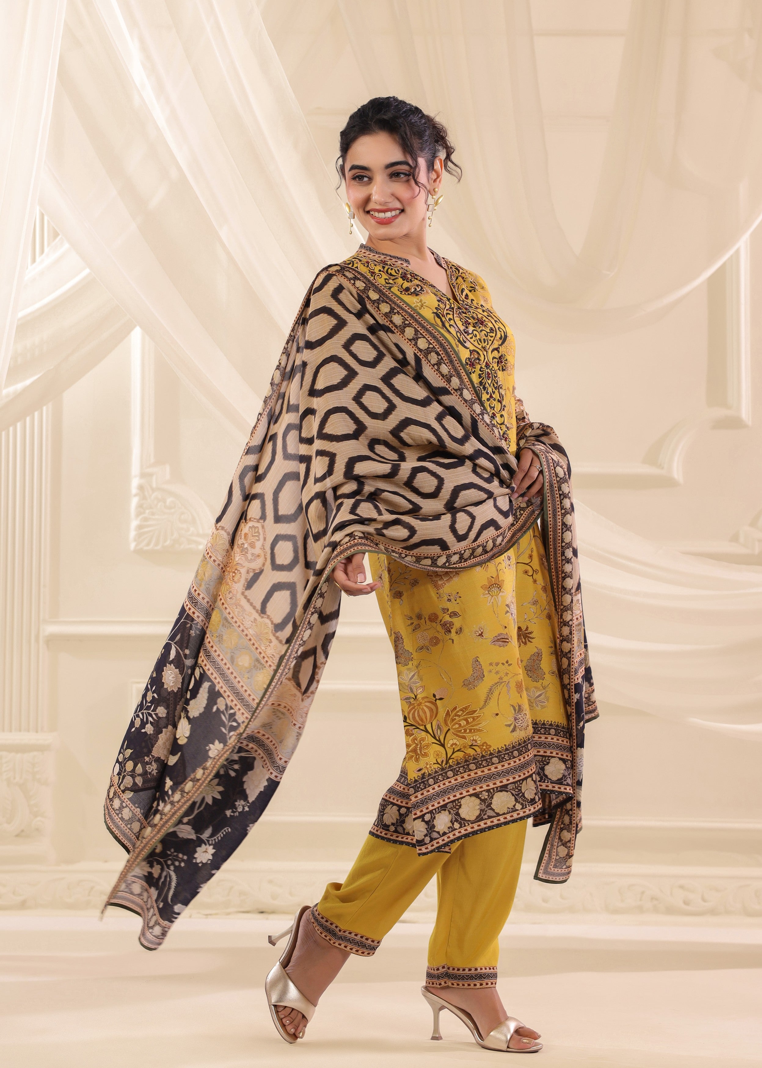 Mustard Yellow Printed Dola Silk Pant Set