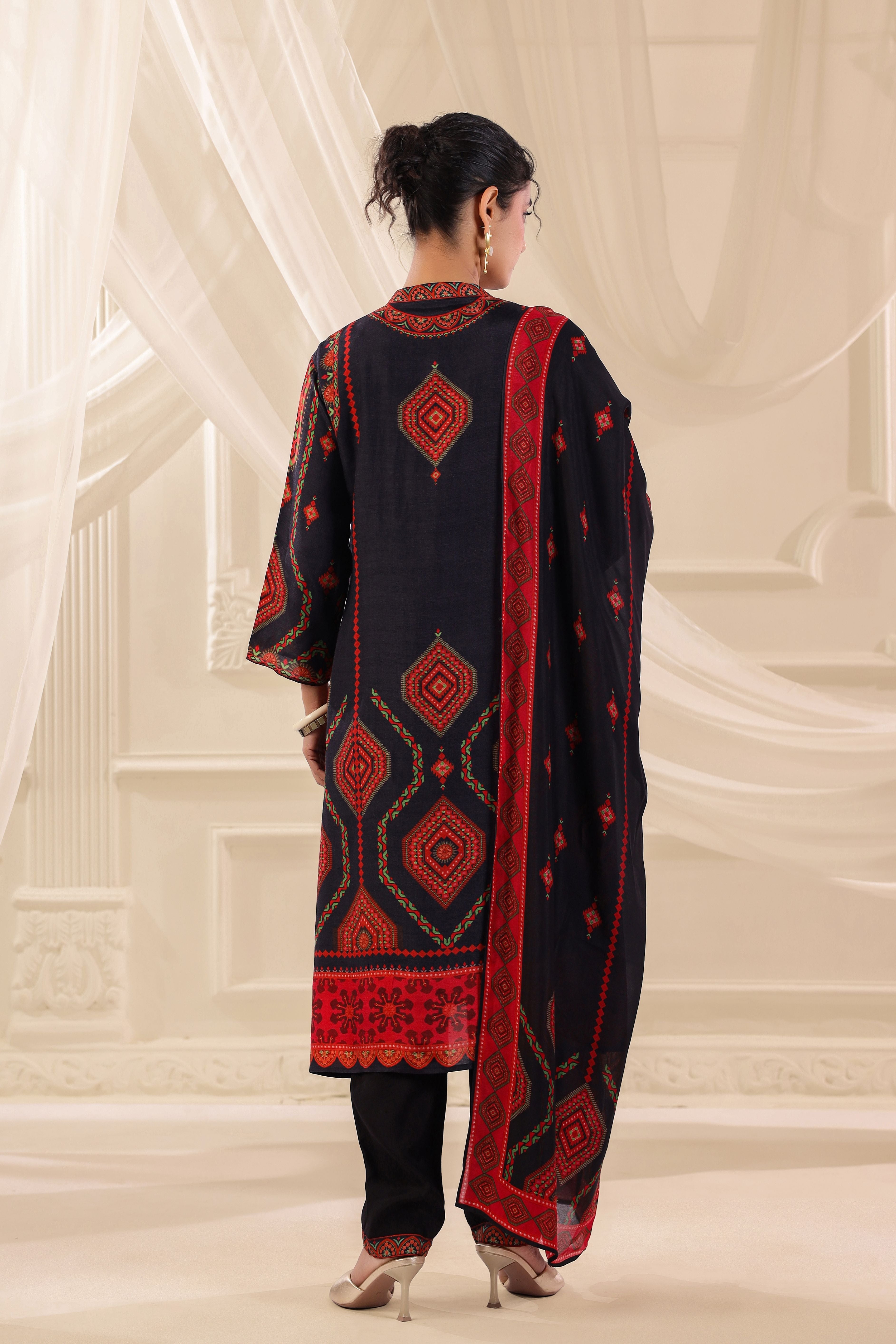 Ink Blue Printed Dola Silk Pant Set