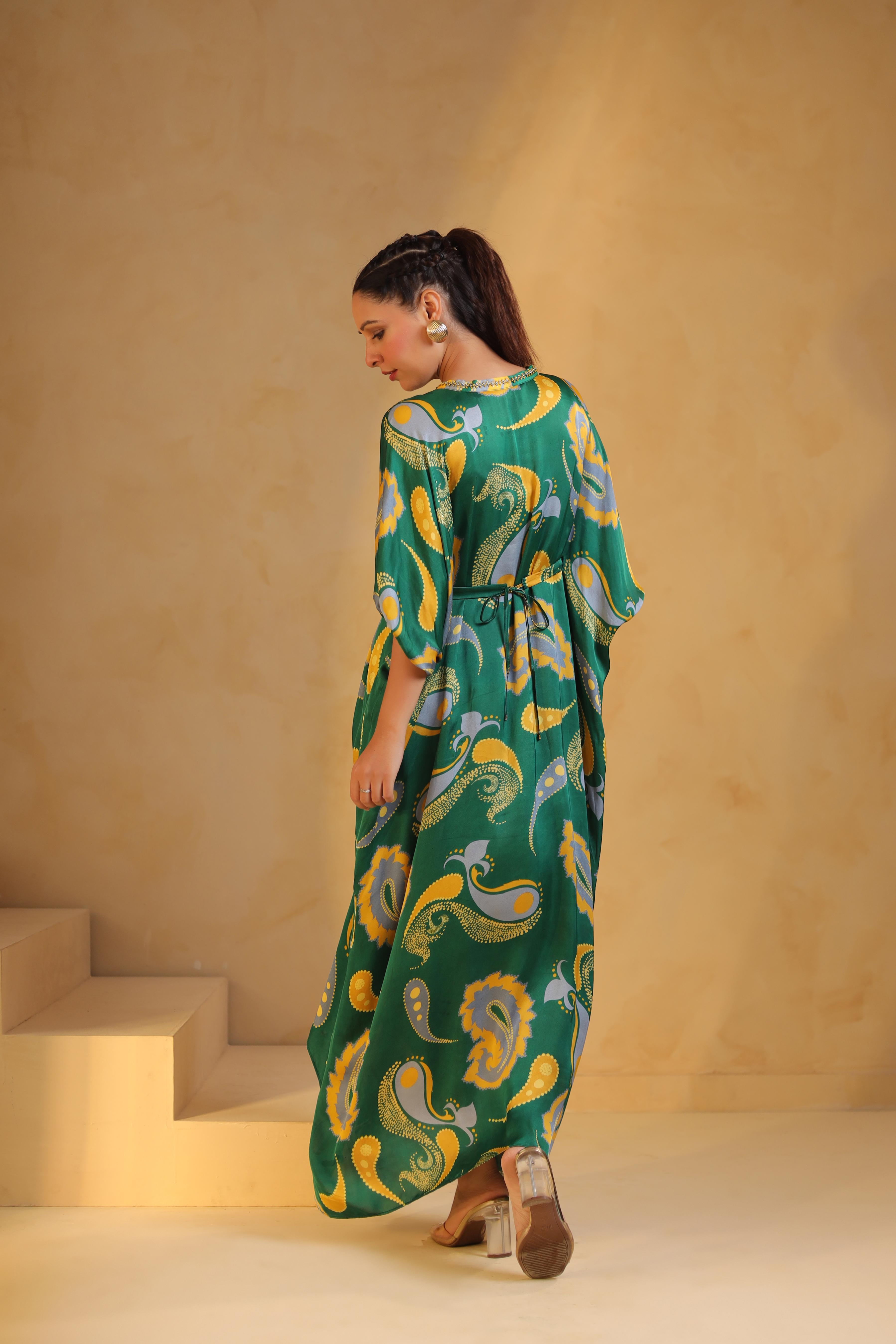 Rich Green Printed Modal Satin Dress