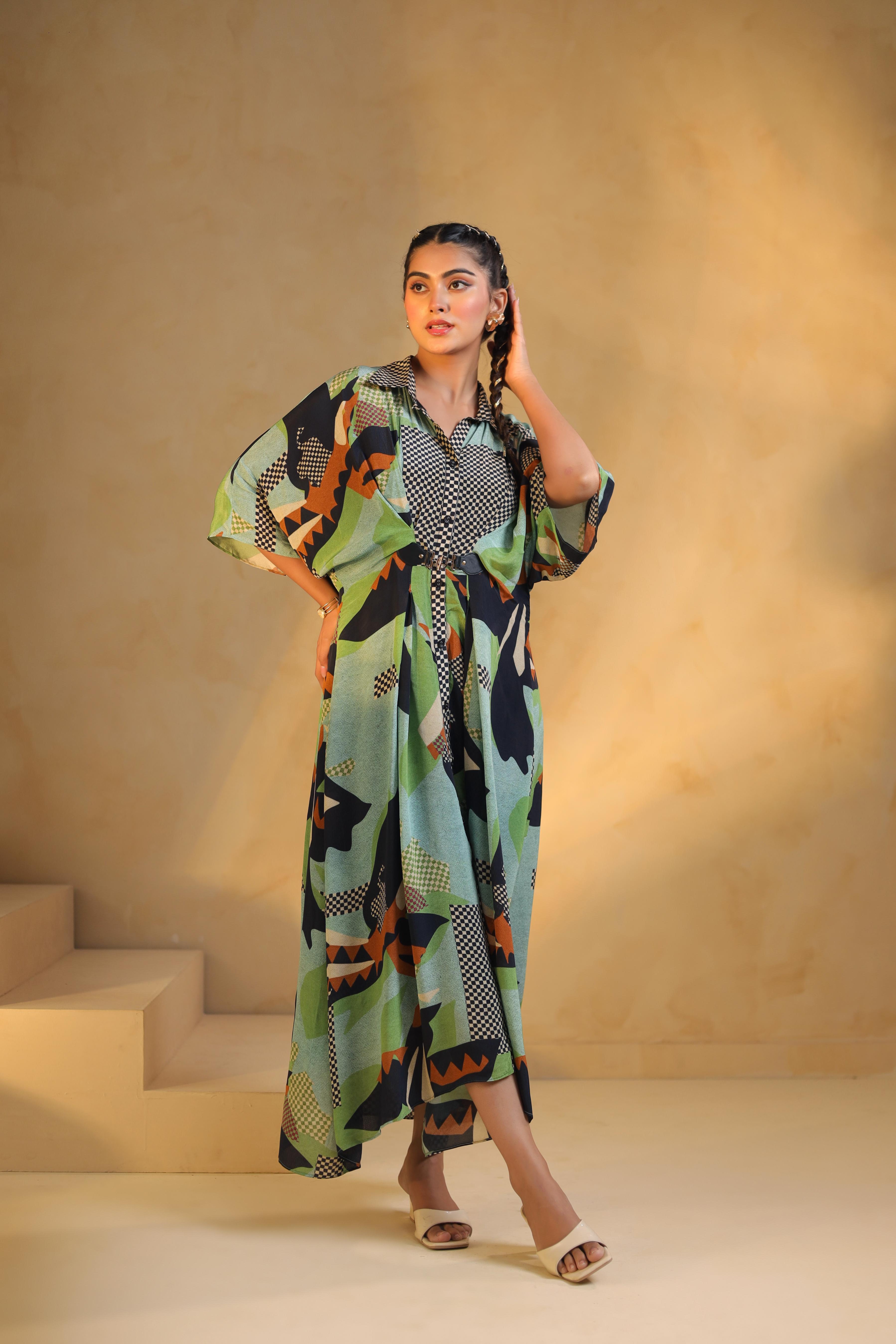 Light Aqua Green Printed Viscose Crepe Dress